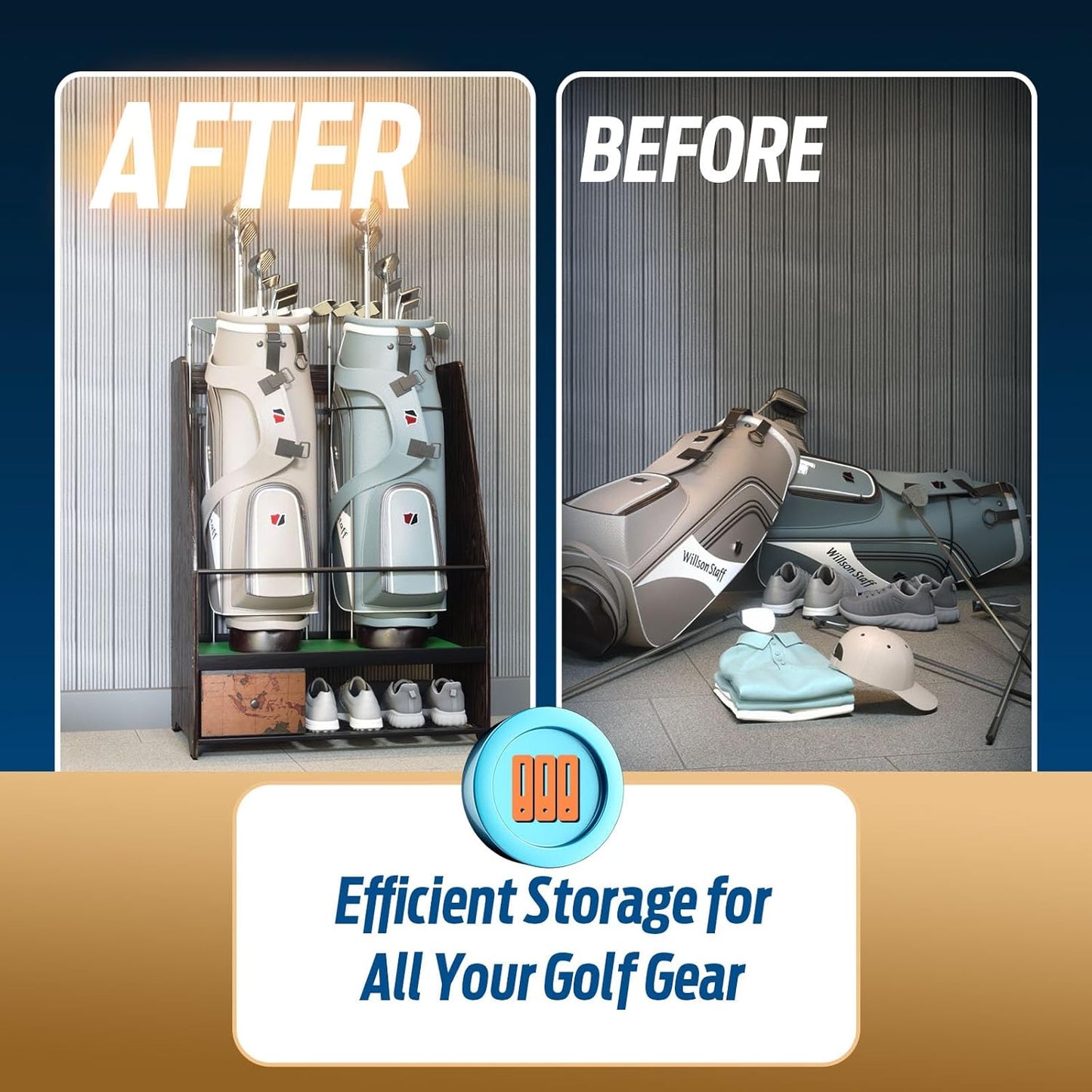 Golf Bag Organizer Storage for 2 Bags with Drawer – Easy Assemble Golf Club Stand Ideal for Garage, Clubs and Basement