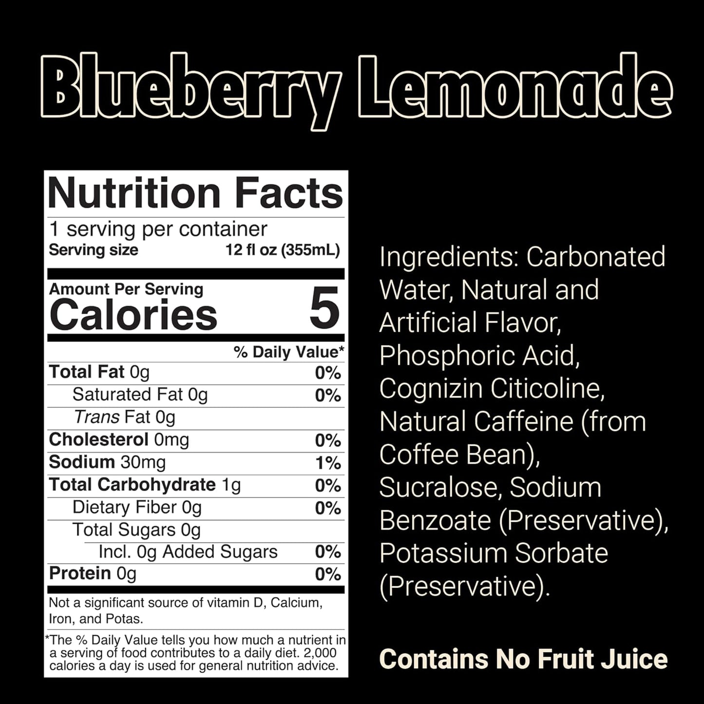 BUM Sugar-Free Energy Drink, Blueberry Lemonade - Lightly Carbonated & No Artificial Colors, Natural Caffeine & Citicoline for Energy & Focus, Brain Boost & Workout Sports Beverage - 12 oz, Pack of 12