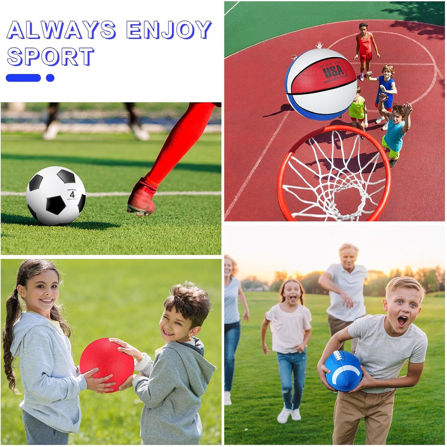 Deekin 4 Pcs Sport Balls Set for Kids Teens, Include Official Size 5 Basketball 4 Soccer 6 Football Playground Ball and Pump Sports Equipment Bag Recess Equipment Sport for Students(Bright Color)