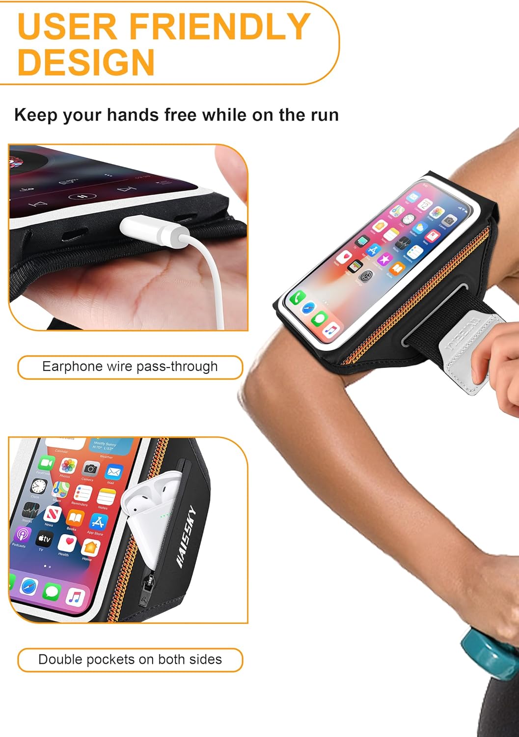 Running Armband with Earphone Bag Cell Phone Armband for iPhone 16 15 Pro 14 Plus 13 11 XR XS, Galaxy S24/S10 Water Resistant Sports Phone Holder Case & Zipper Slot Car Key Holder for 6.9 inch Phone