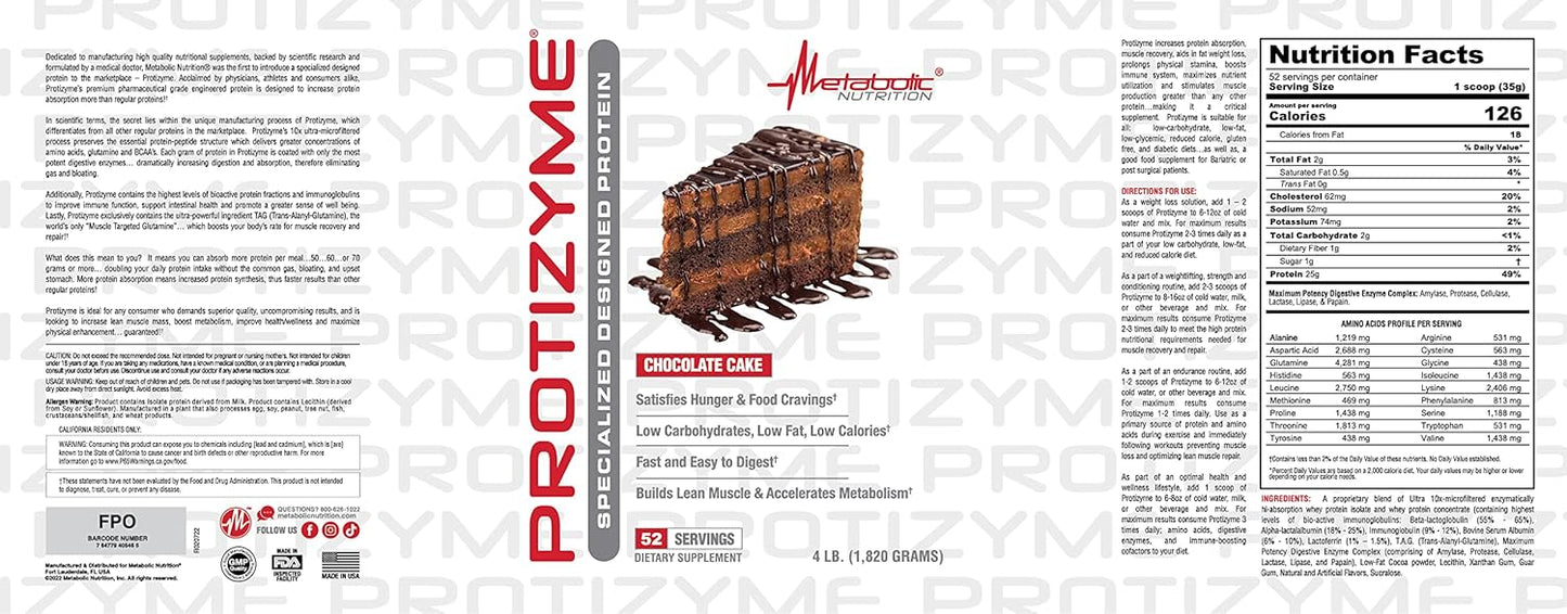 Metabolic Nutrition, Protizyme, 100% Whey Protein Powder, High Protein, Low Carb, Low Fat Whey Protein, Digestive Enzymes, 24 Essential Vitamins and Minerals, 4 Pound, 52 Servings