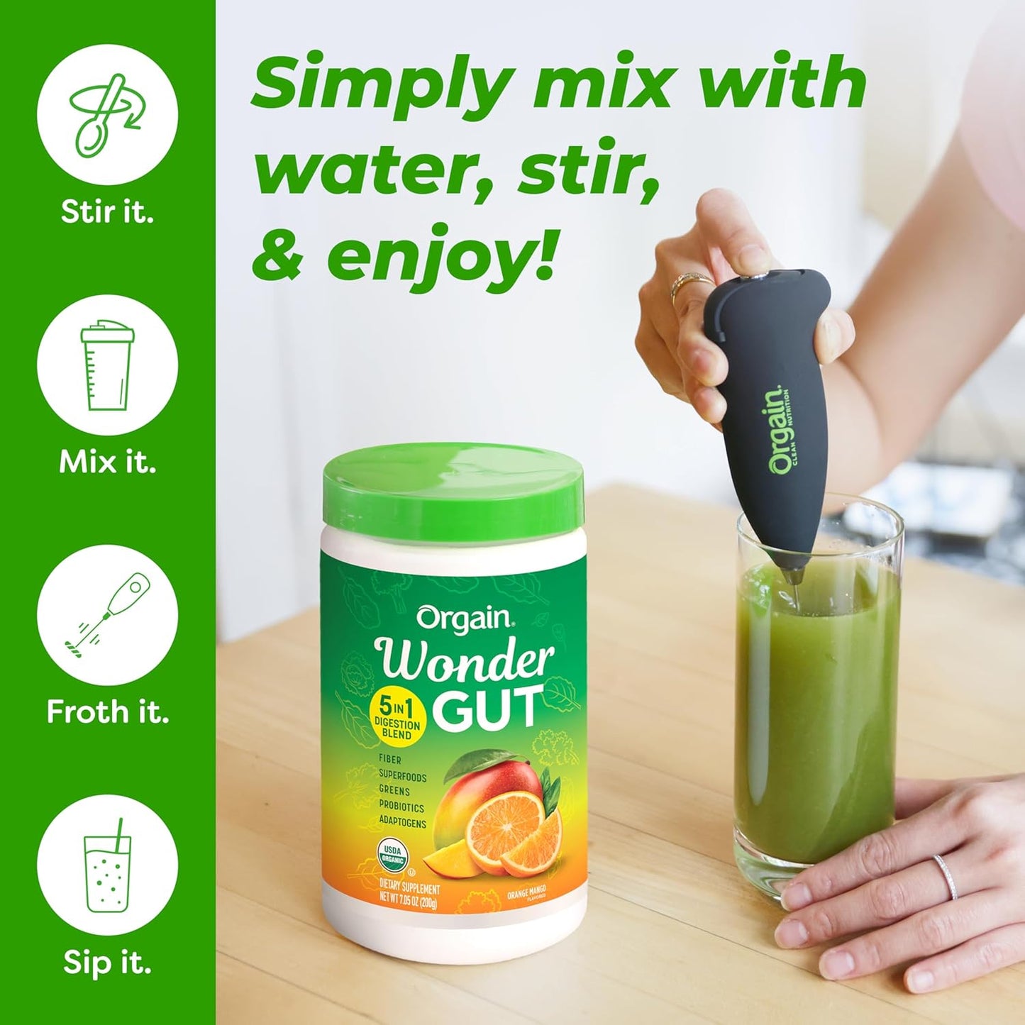 Orgain Organic Wonder Gut Fiber Supplement Powder, 5 in 1 Blend with 1 Billion Probiotics, Greens, Vitamin C, Adaptogens for Gut Health and Immune Support, Non-GMO, Orange Mango, 7.05 oz