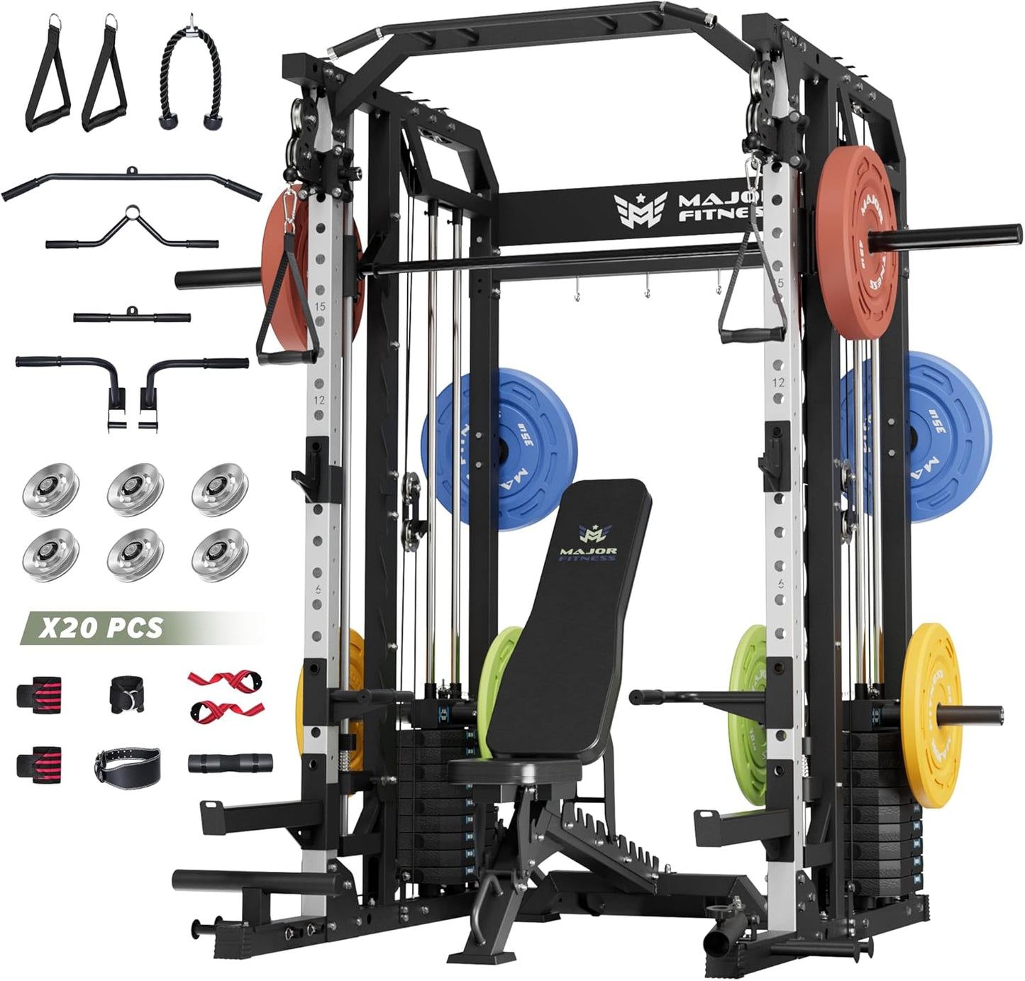 Major Fitness Smith△ Machine Drone2 Premium, All-in-One Home Gym Squat Rack with Aluminum Pulley Set , Weight Bar, Dual LAT Pull-Down Systems & Cable Crossover Machine for Full-Body Workouts