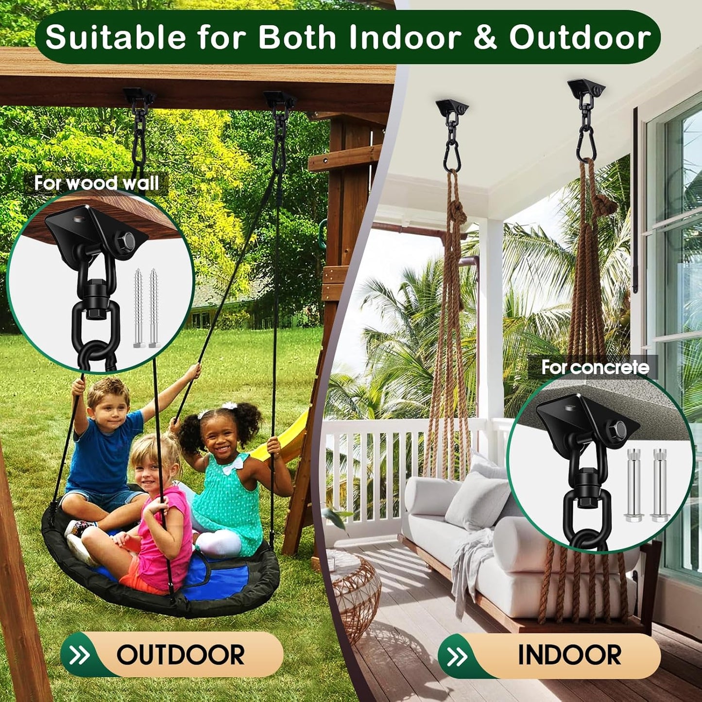 Hammock Hanging Kit 2 Pack, Porch Swing Hanging Kit 1200 Lb Capacity, Hammock Ceiling Hooks Heavy Duty 360°Rotating Hanging Swing Chair Hardware for Hammock Chair Stand, Porch, Yoga, Gym