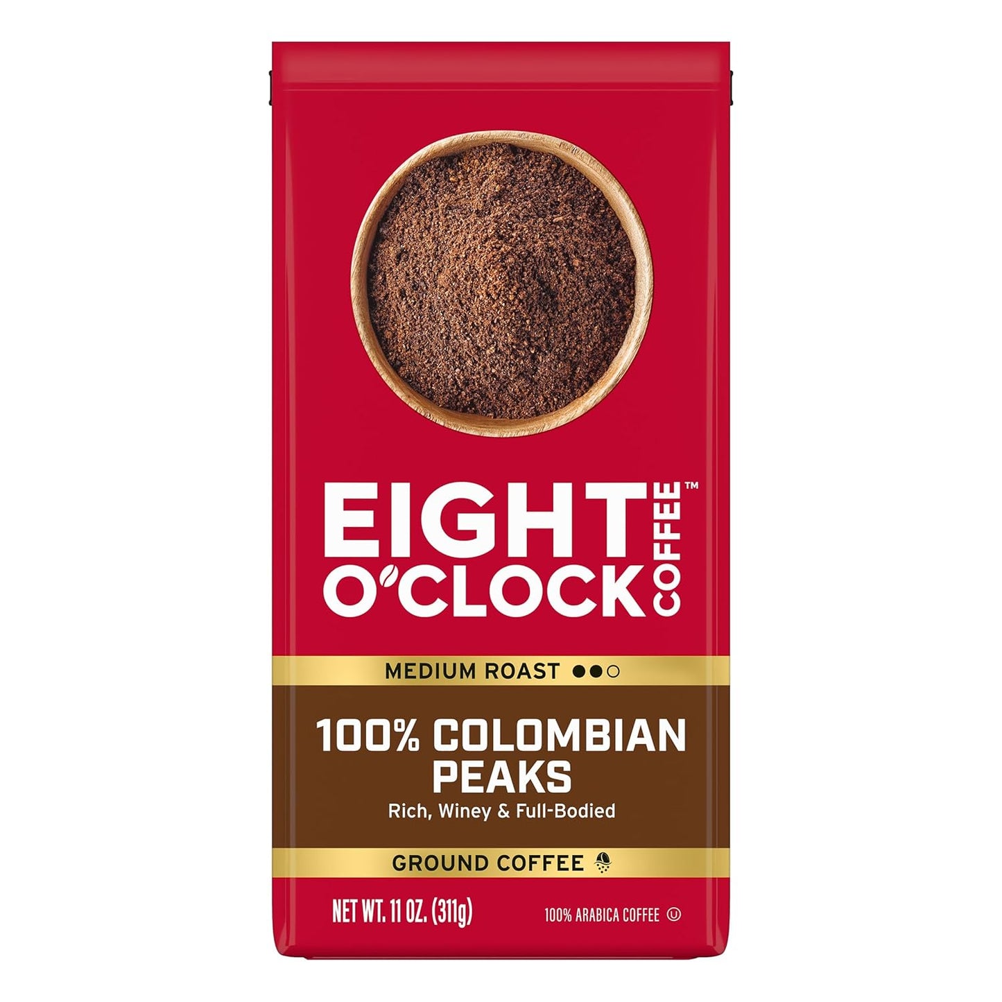 Eight O'Clock Coffee 100% Colombian Peaks Ground Coffee, Medium Roast, 11 Ounce (Pack of 6) - Rich, Winey & Full Bodied