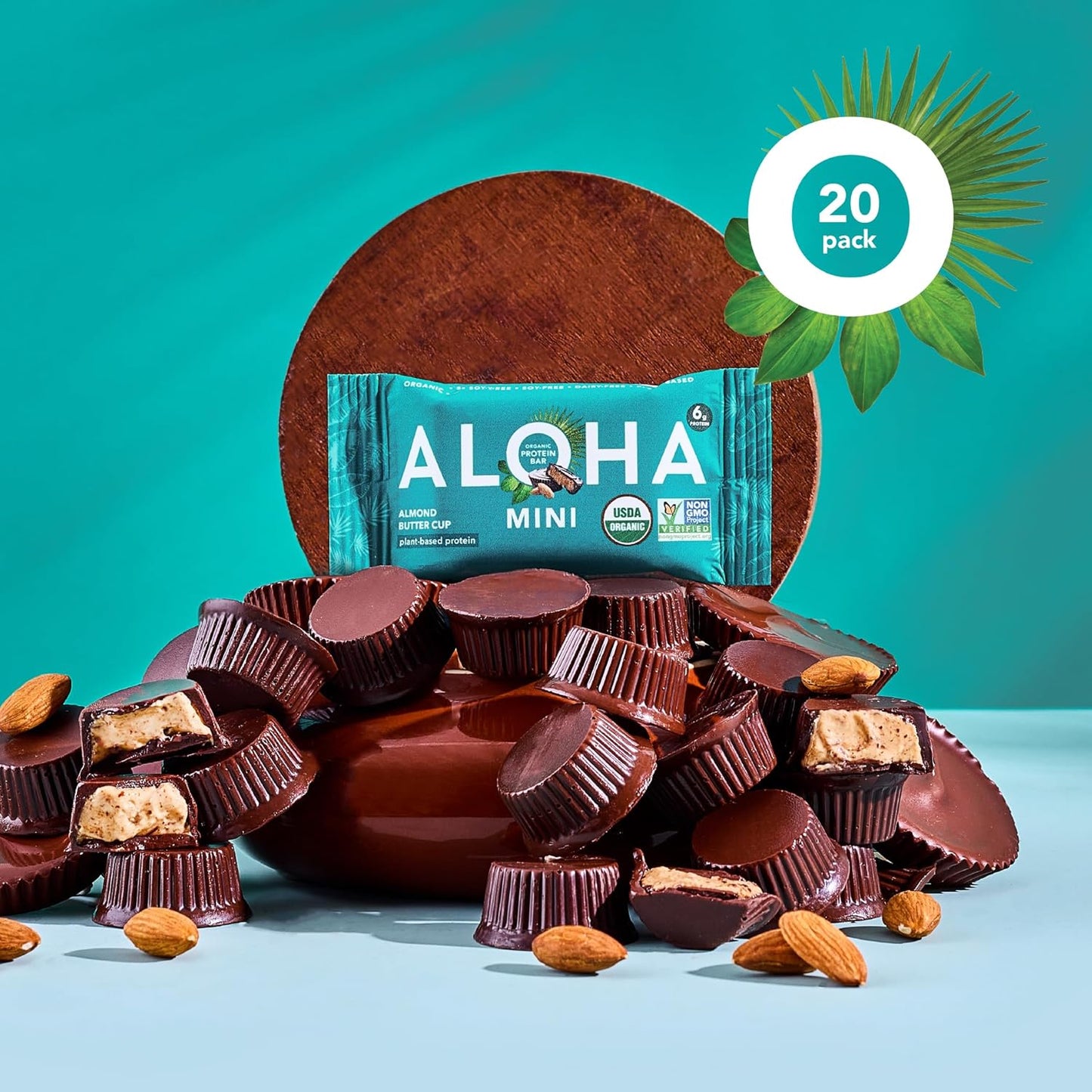 ALOHA Organic Plant Based Protein Bar MINIS | Almond Butter Cup | 20 Count, 24g Bars | Vegan, Low Sugar, Gluten Free, Low Carb, Non-GMO, Stevia Free, Soy Free, No Sugar Alcohols