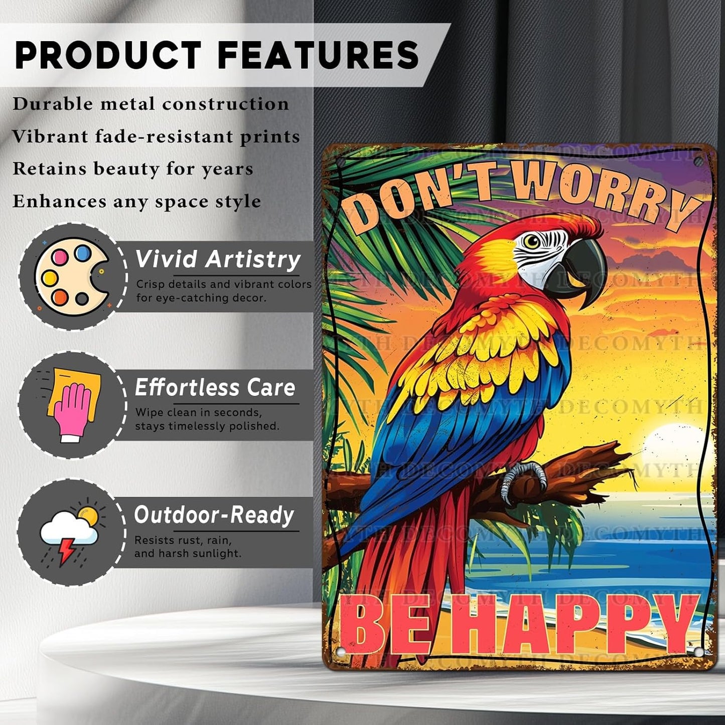 Vintage Tin Sign Don't Worry Be Happy Tin Sign The Beach Parrot for Home Farm Outdoor Bathroom Restaurant Cafes Bars Club Kitchen Garage Cute Vintage Art Wall Decor 12 * 16inch