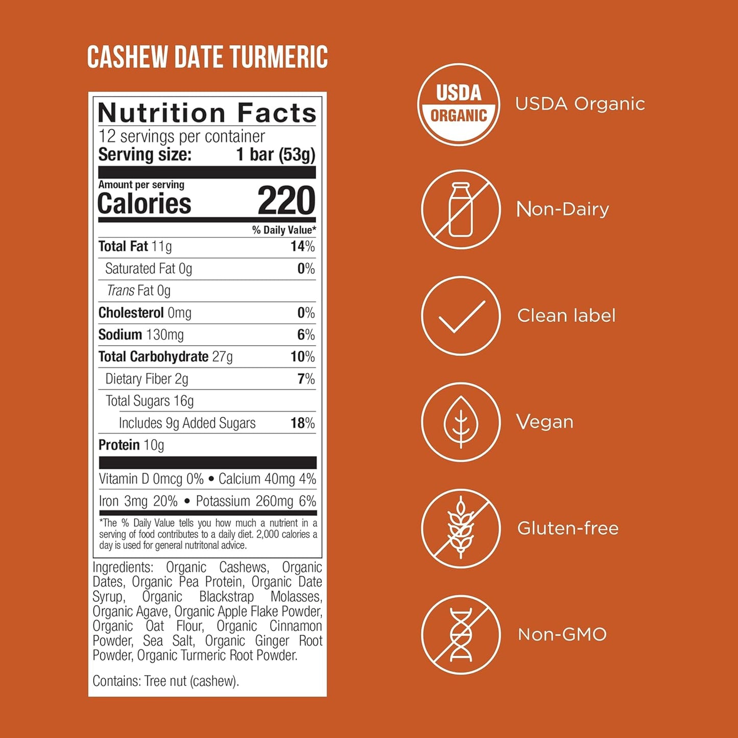 POSSIBLE Snack Bar - Organic Energy Bars with 10g of Plant-Based Protein - Vegan, Gluten-Free, Non-Dairy, USDA Organic - Healthy Fats - Clean Label - 1 Box, 12 Servings - Cashew Date Turmeric