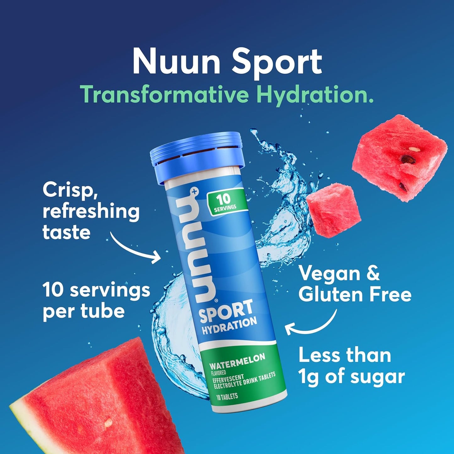 Nuun Sport Electrolyte Tablets with Magnesium, Calcium, Potassium, Chloride & Sodium, Gluten Free & Vegan, Watermelon, 4 Pack (40 Servings Total)
