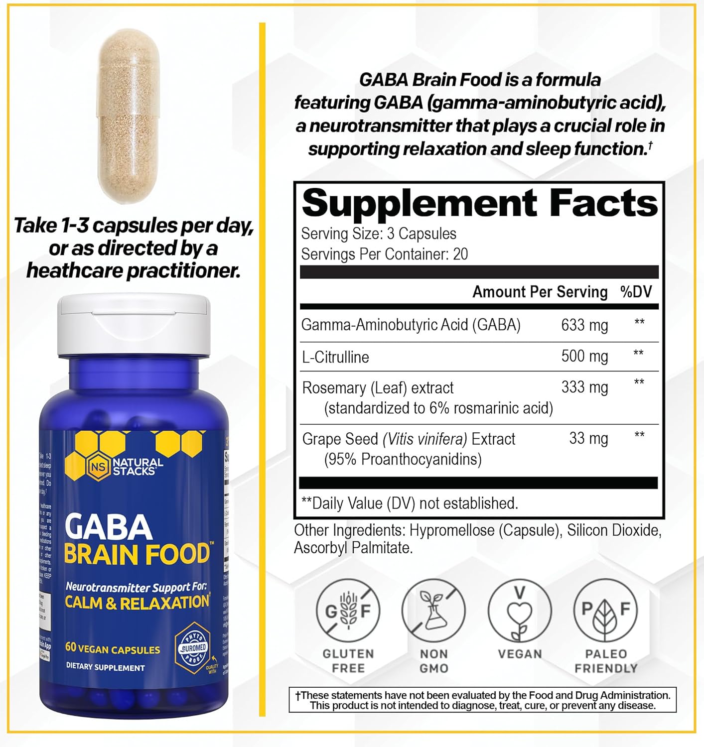GABA Brain Food - GABA Supplement with L-Citrulline & Grape Seed Extract - Supports Calm & Relaxation - Nighttime Sleep Aid - Supports Production of Gamma Aminobutyric Acid - 120 L-Citrulline Capsules