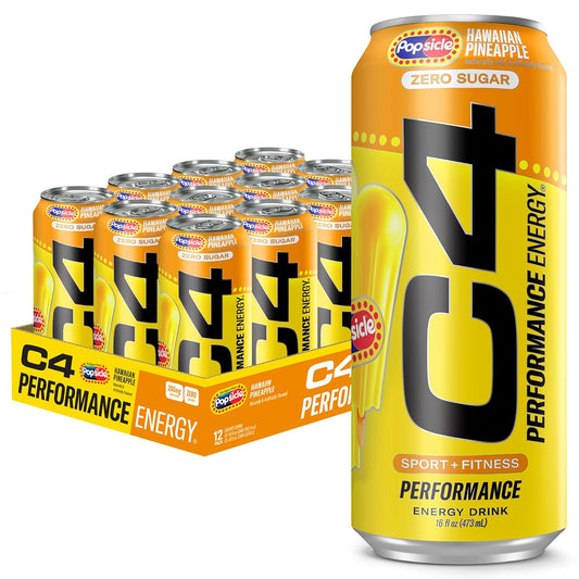 Cellucor C4 Energy Drink x Hawaiian Pineapple Popsicle, Carbonated Sugar Free Pre Workout Performance Drink with no Artificial Colors or Dyes, 16 Oz, Pack of 12