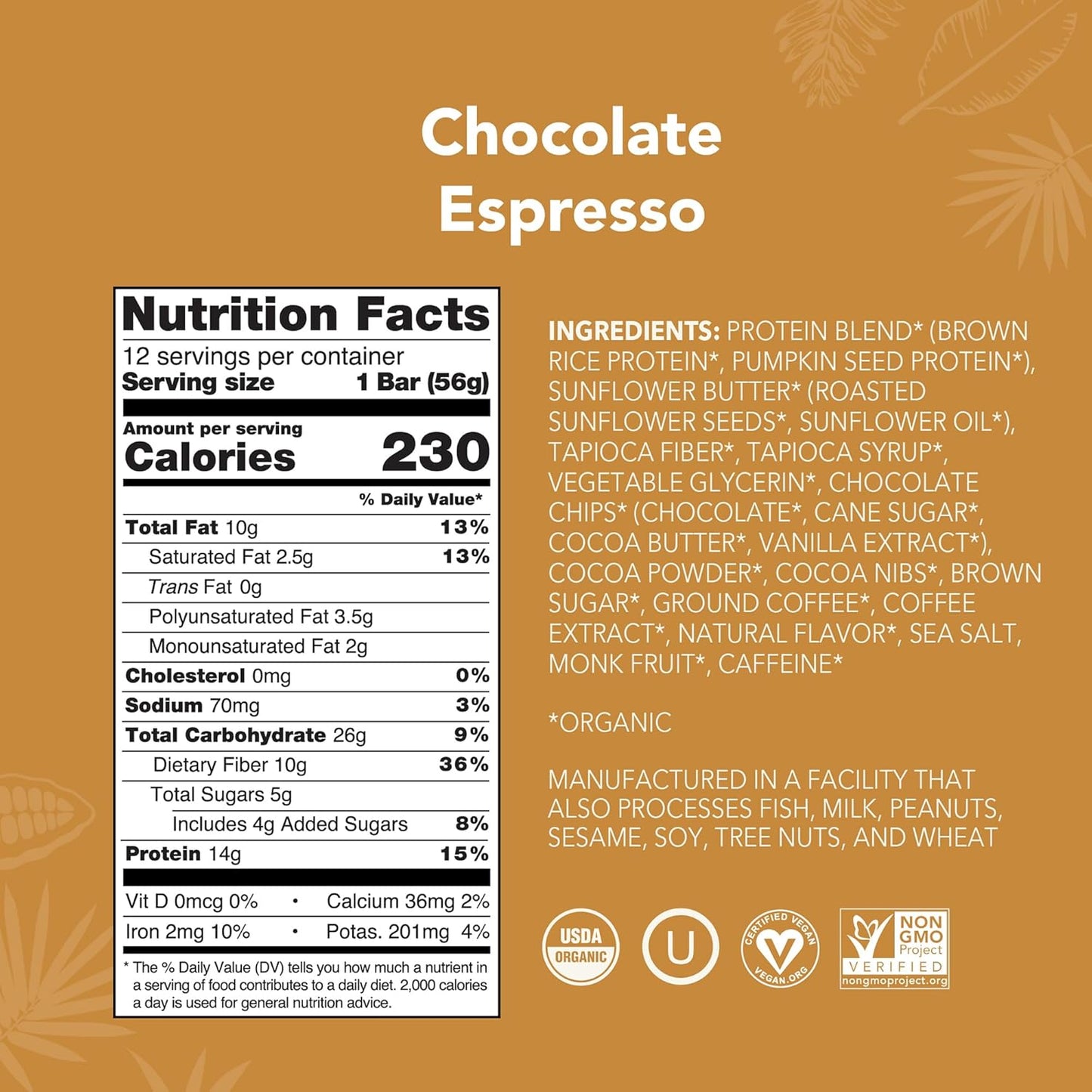 ALOHA Organic Plant Based Protein Bars - Chocolate Espresso (85mg Caffeine) - 12 Bars, Vegan, Low Sugar, Gluten-Free, Paleo, Low Carb, Non-GMO, No Stevia, No Erythritol