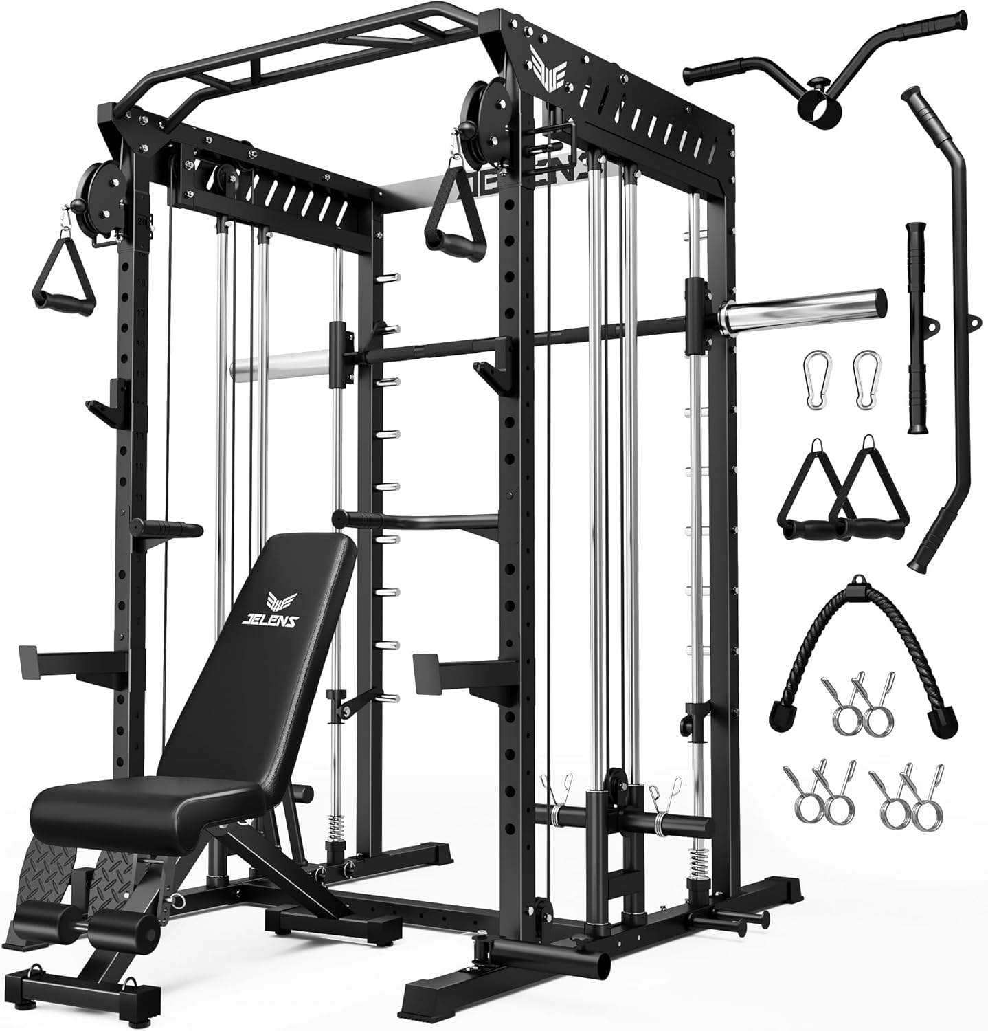 M21 Smith Machine, Multi-Function Power Cage with Dual Pulley Cable Crossover System, 2000LBS All-in-One Squat Rack with Smith Bar and Attachments
