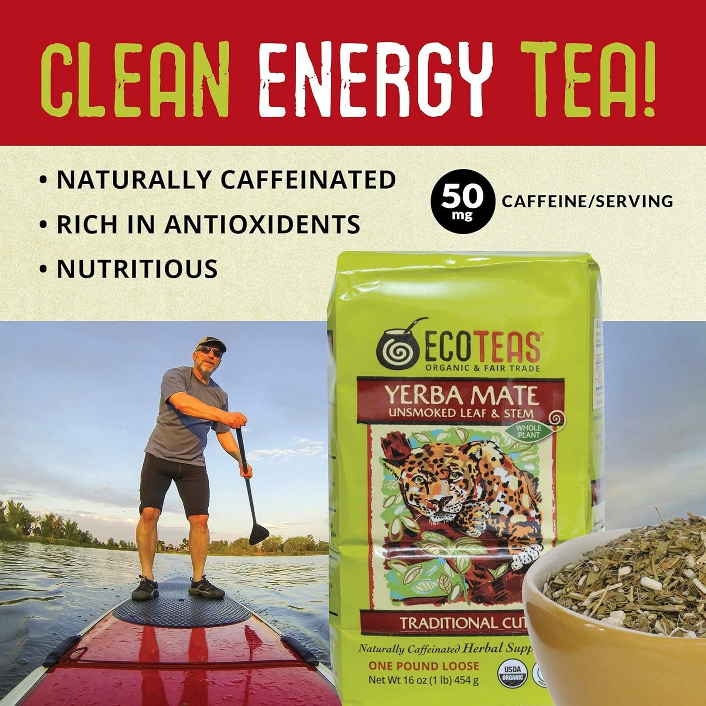 ECOTEAS Organic Yerba Mate Loose Leaf Tea – Unsmoked Detox Herbal Tea for Natural Energy – Coffee Alternative - Kosher, Non-GMO, Gluten-Free - Traditional Cut, 1 lb (Pack of 1)