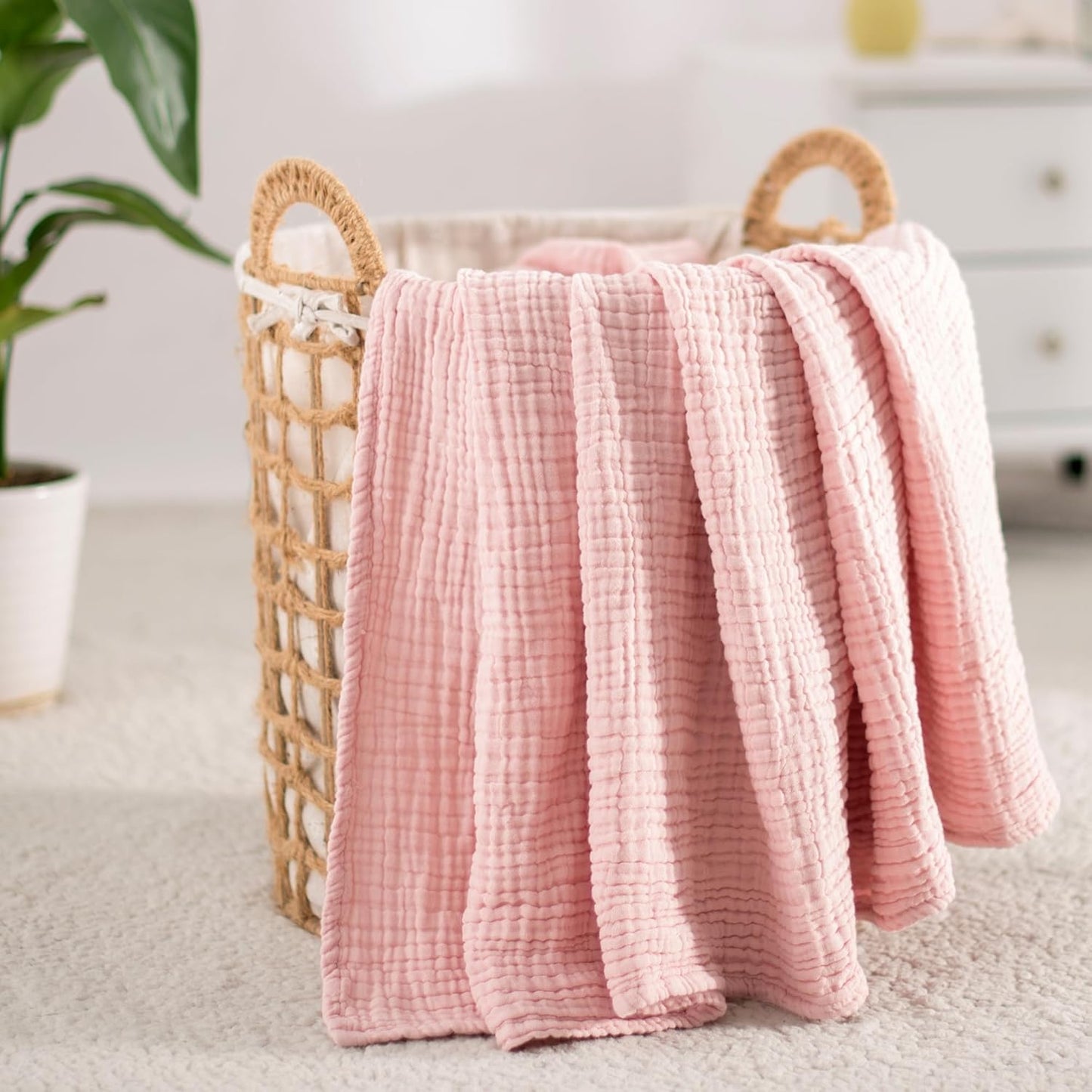 Carriediosa 100% Cotton Muslin Throw Blanket 66" X 90" Twin XL Size，4-Layers Summer Gauze Throws for Bed Couch，Soft Lightweight Breathable Linen Blankets Bedspread for Adults All Season，Dusty Pink
