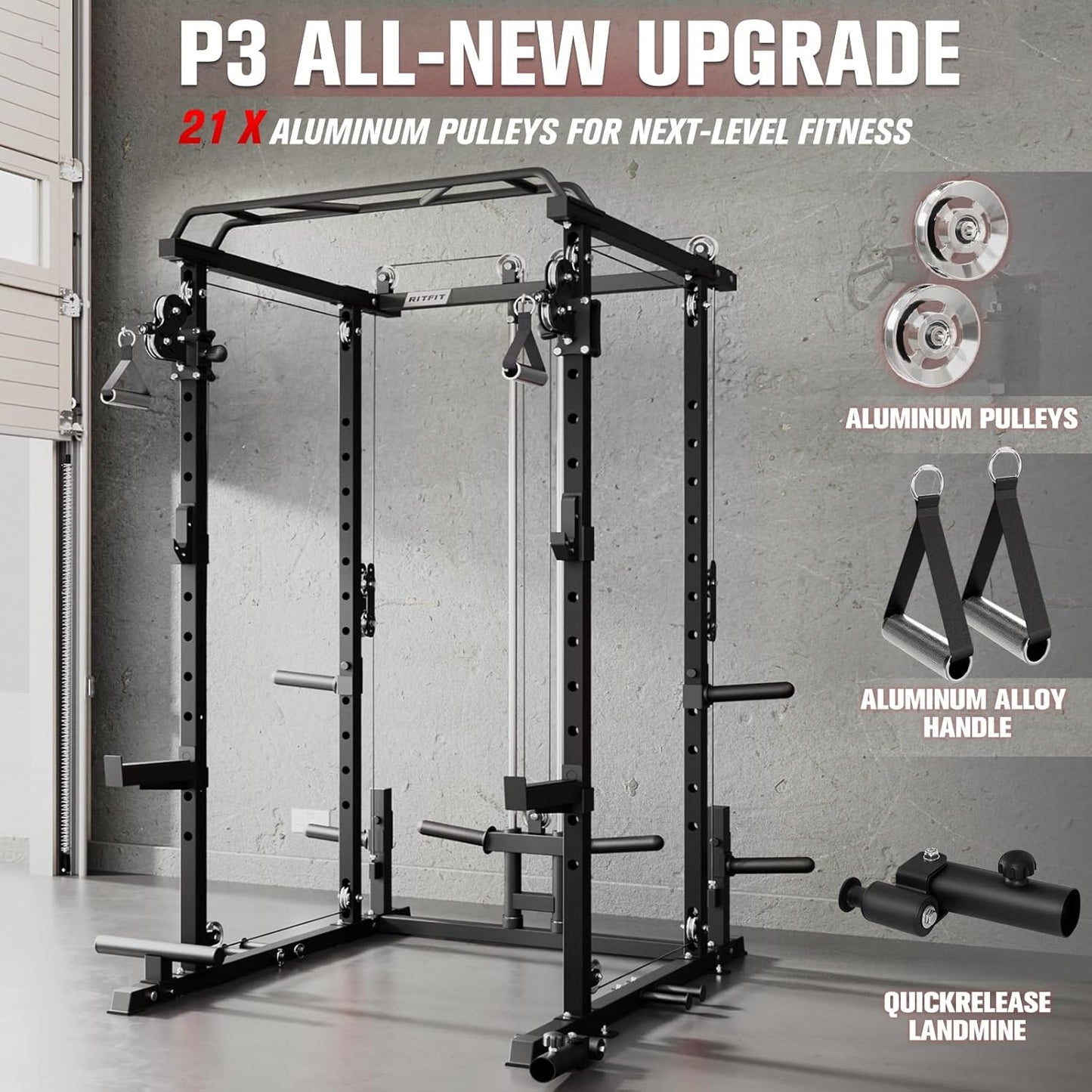 RitFit Power Cage with Optional LAT PullDown/Cable Crossover, 1000LB Squat Rack for Home & Garage Gym, with Weight Storage Rack and More Training Attachments, ASTM-Certified