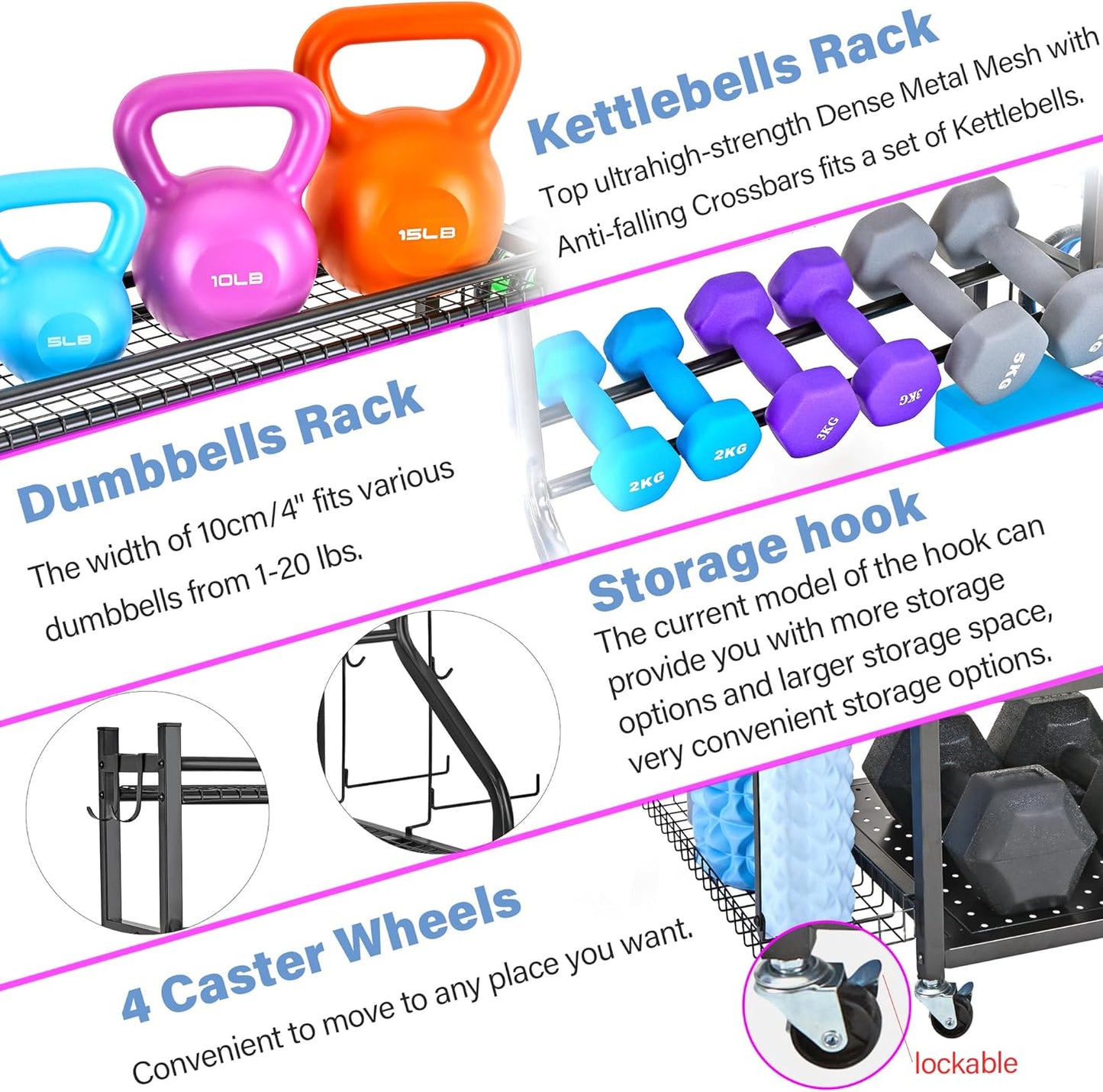 Dumbbell Rack, Yoga Mat Storage Rack - Weight Rack for Dumbbells, Home Gym Storage Rack for Yoga Mat, Dumbbells and Kettlebells, All in One Workout Equipment Storage with Caster Wheels