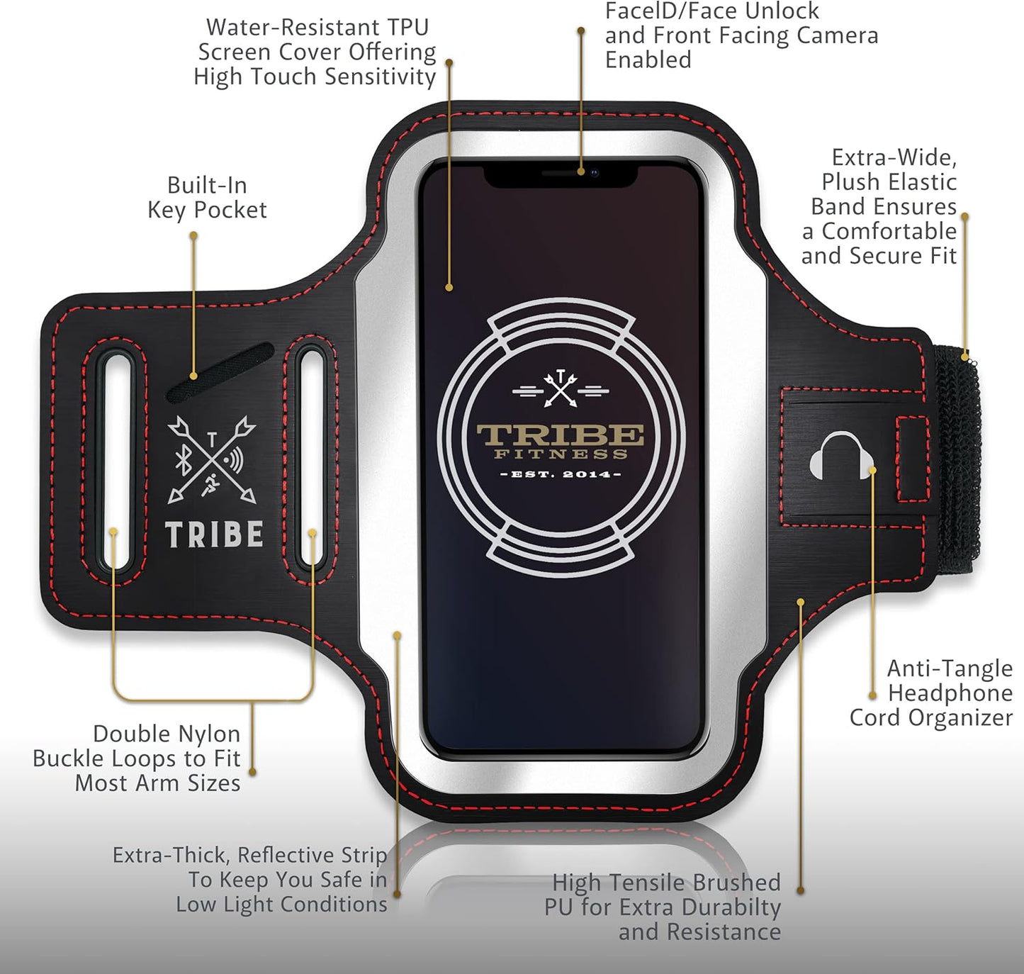 TRIBE Running Phone Holder Armband. iPhone & Galaxy Cell Phone Sports Arm Bands for Women, Men, Runners, Jogging, Walking, Exercise & Gym Workout. Fits All Smartphones. Adjustable Strap, CC/Key Pocket