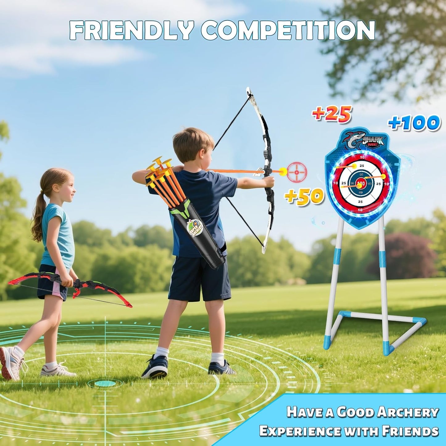 VATOS 2 Pack Bow and Arrow Toy with LED Light - 4 in 1 Archery & Dart Game Set with 20 Suction Cup Arrows, Shark Glow Target & Dart Board - Indoor/Outdoor Birthday Gift for Kids Boys Girls Ages 5-12