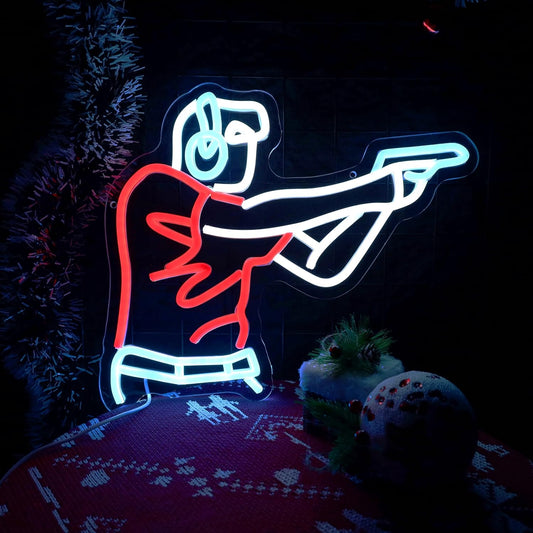 Man Shooting Neon Sign Gun Led Light Up Sign Game Player Gifts Dimmable Shooting Decor for Gun Club Decor Man Cave Game Room 15"×11.9"