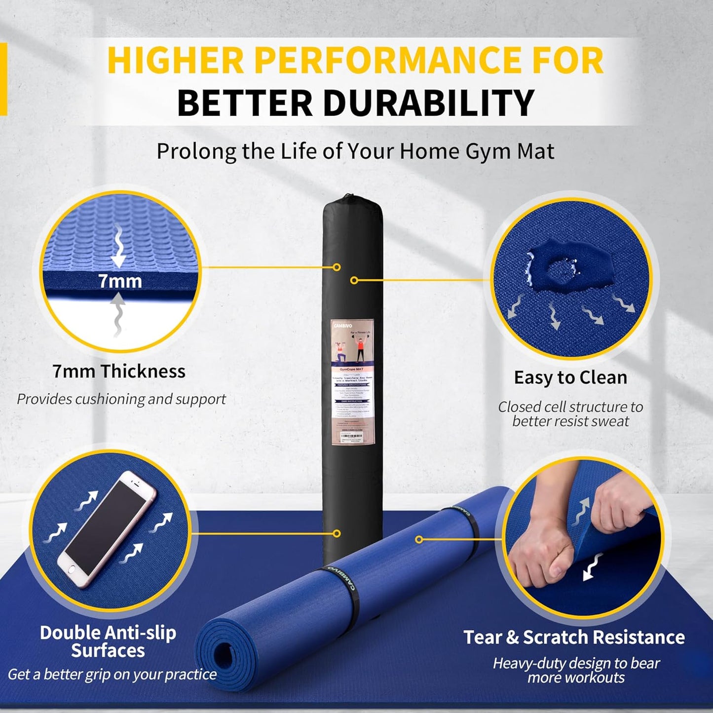 CAMBIVO Large Exercise Mat for Home Workout, 8'x6'/7'x5'/6'x4' (7 mm) Extra Thick Exercise Mat for Home Gym, Shoe-Friendly, Non-Slip Gym Mat for Jump Rope, Weights, Cardio, Fitness