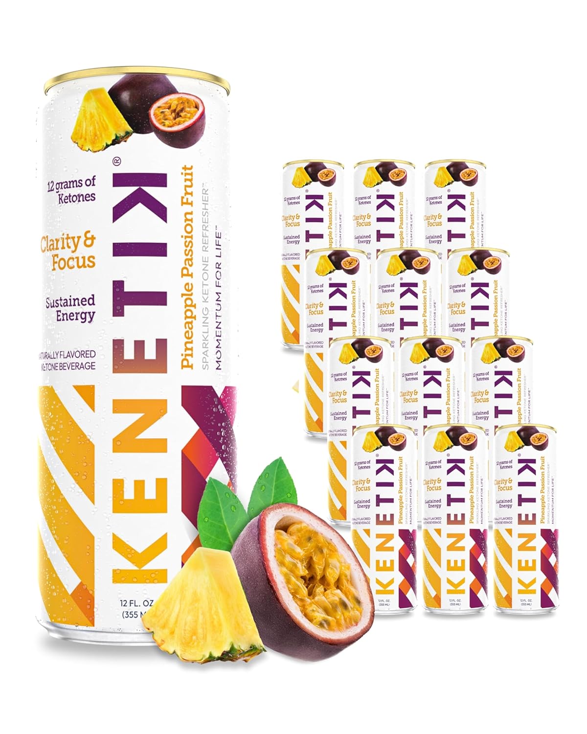 KENETIK Nootropic Ketone Drink, Ketones for Energy & Focus, Caffeine & Sugar Free, High Performance D-BHB Ketone Mix, Fuel w/Zero Crash or Jitters, Ready to Drink - Pineapple Passionfruit 12 Pk