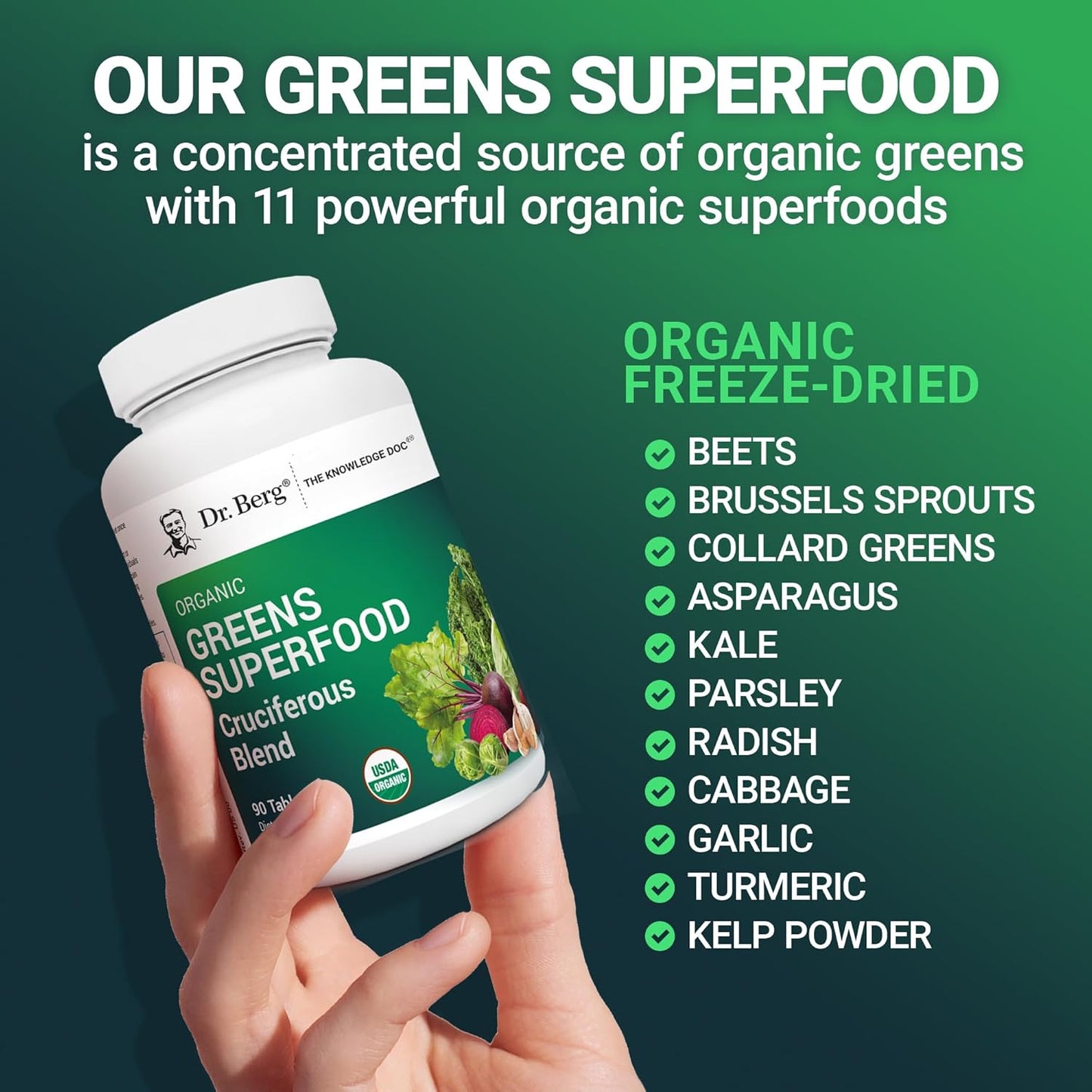 Dr. Berg's Greens Superfood Cruciferous Vegetable Tablets - Vegetable Supplements for Adults w/ 11 Phytonutrient Super Greens - Energy, Immune System & Liver Veggie Tablets - 90 Tablet