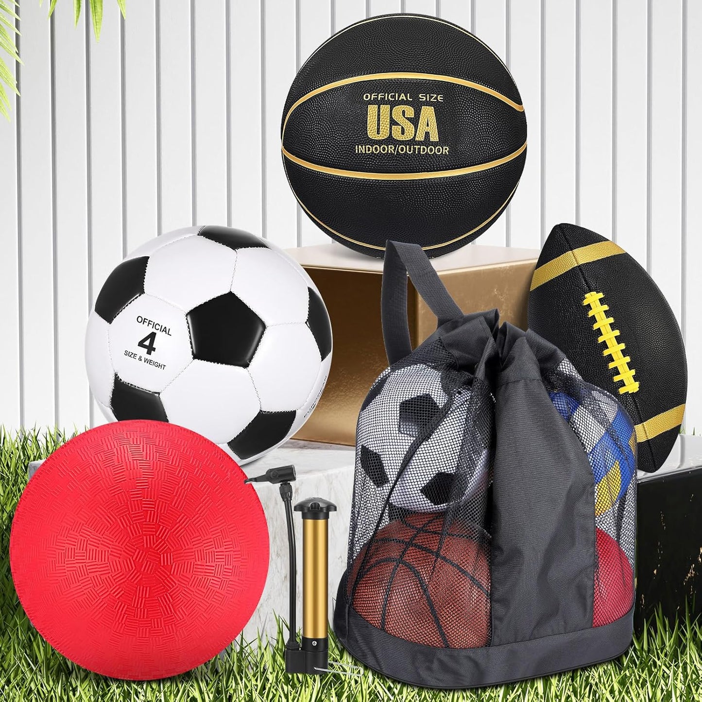 Deekin 4 Pcs Sport Balls Set for Kids Teens, Include Official Size 5 Basketball 4 Soccer 6 Football Playground Ball and Pump Sports Equipment Bag Recess Equipment Sport for Students(Classic Color)
