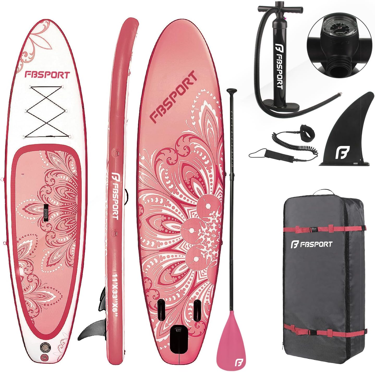 FBSPORT 11' Premium Stand Up Paddle Board, Yoga Board with Durable SUP Accessories & Carry Bag | Wide Stance, Surf Control, Non-Slip Deck, Leash, Paddle and Pump for Youth & Adult