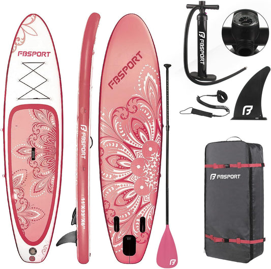 FBSPORT 11' Premium Stand Up Paddle Board, Yoga Board with Durable SUP Accessories & Carry Bag | Wide Stance, Surf Control, Non-Slip Deck, Leash, Paddle and Pump for Youth & Adult