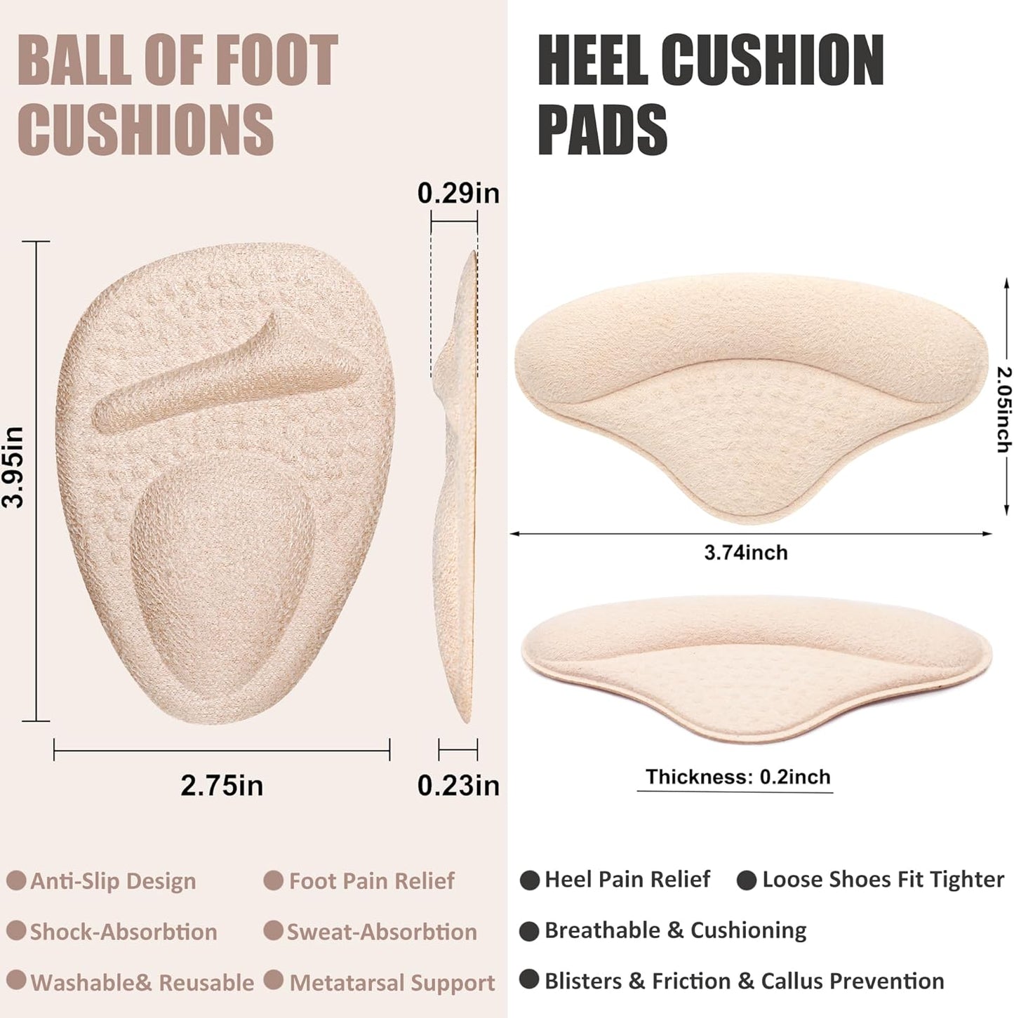 Ball of Foot Cushions, Metatarsal Pads, Heel Cushion, Grips Liners for Pain Relief, Blisters, Friction - Non-Slip Shoe Inserts for Loose Shoes, Shoe Fillers Make Shoes Fit Tighter