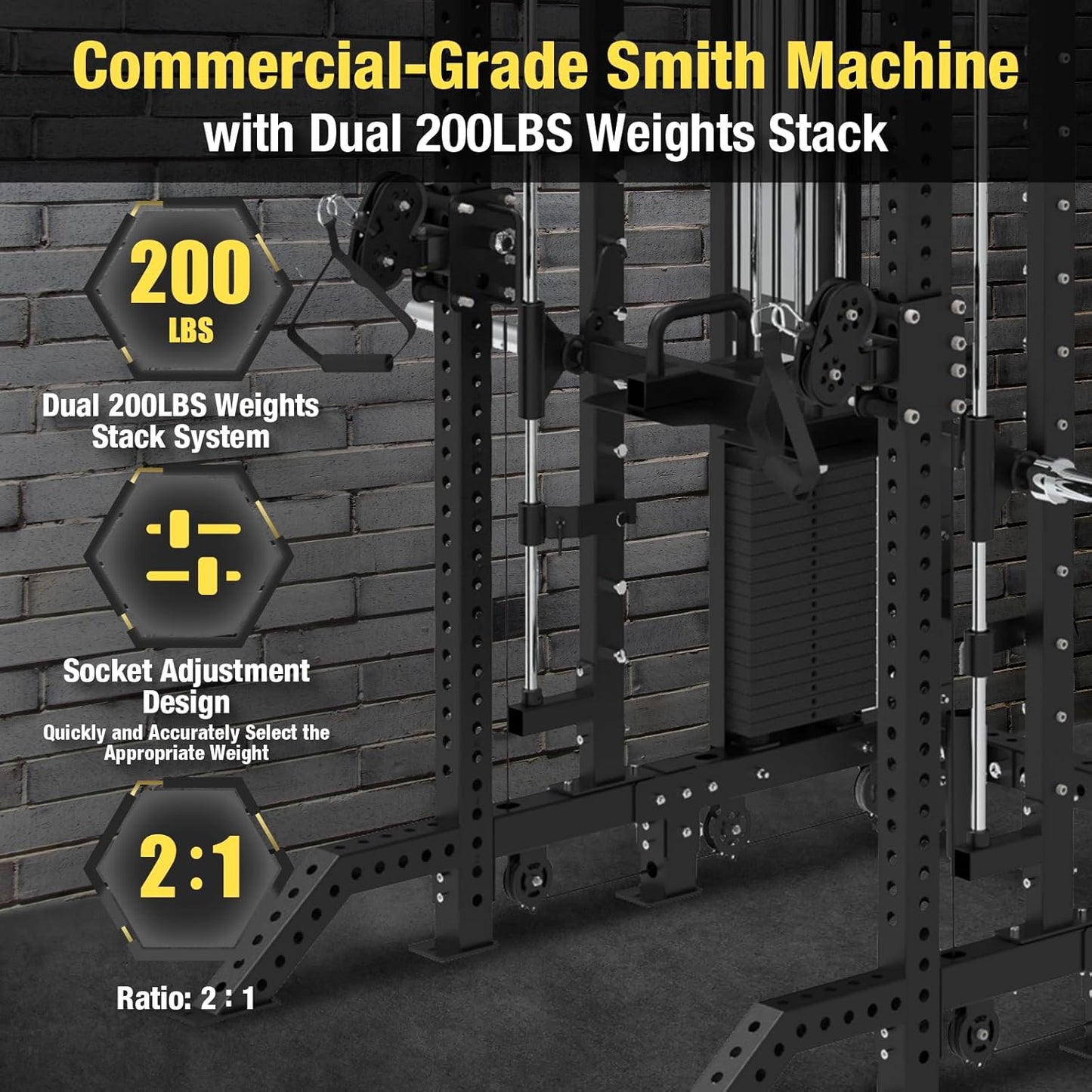 Commercial Functional Trainer Cable Machine with Dual Weight Stacks, Power Cage Squat Rack, Dual Cable Crossover Machine with Pulley System