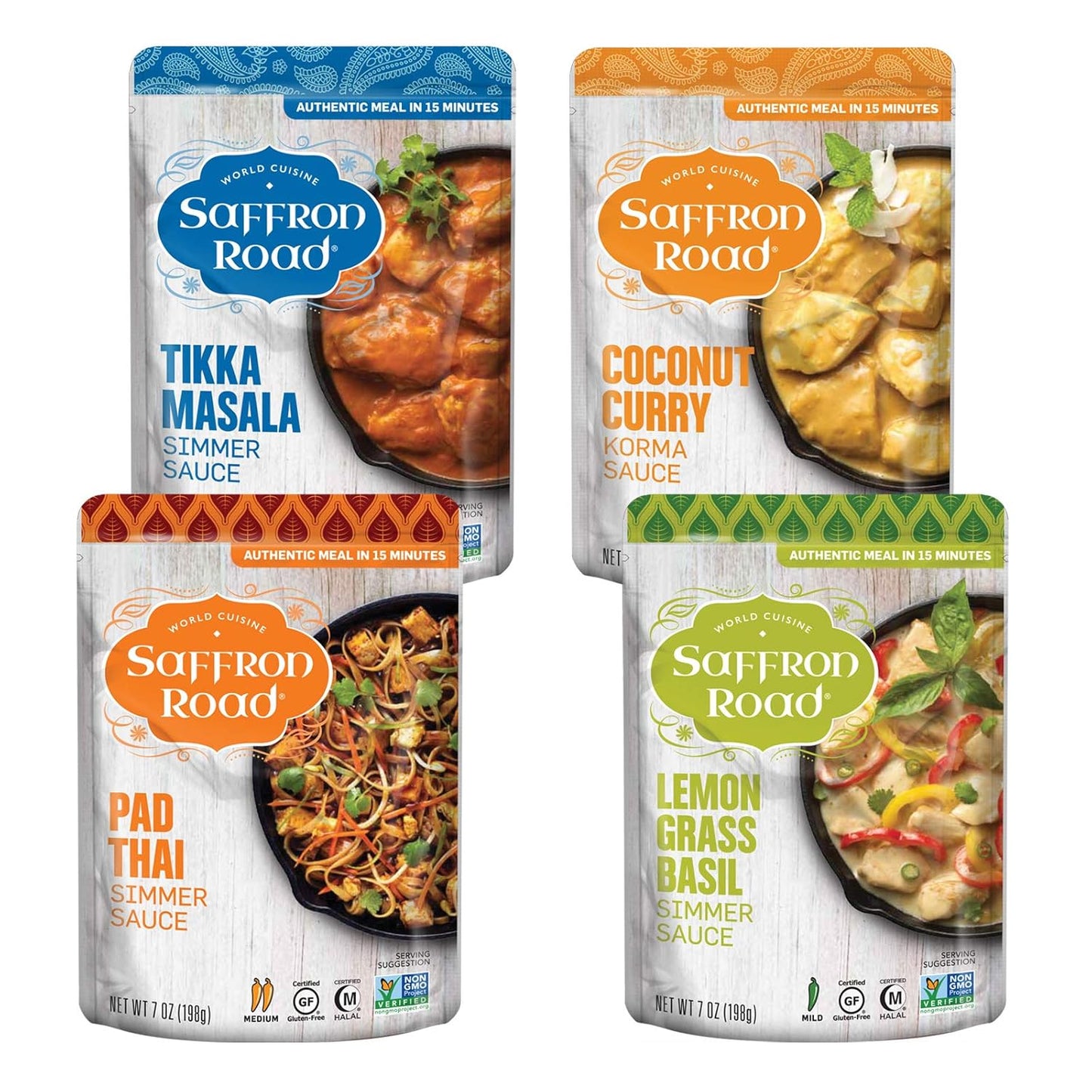 Saffron Road Simmer Sauce Variety Pack | Lemongrass Basil, Coconut Curry, Pad Thai, and Tikka Masala | Vegetarian, Non-GMO, Halal, and Kosher | 7.0oz Pouch | Pack of 4