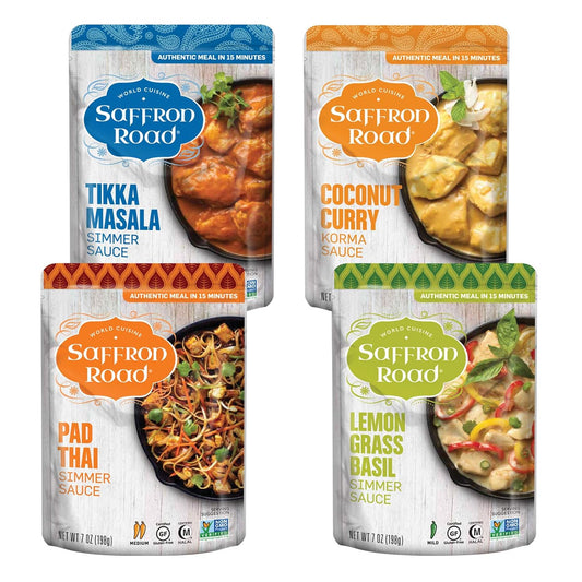 Saffron Road Simmer Sauce Variety Pack | Lemongrass Basil, Coconut Curry, Pad Thai, and Tikka Masala | Vegetarian, Non-GMO, Halal, and Kosher | 7.0oz Pouch | Pack of 4