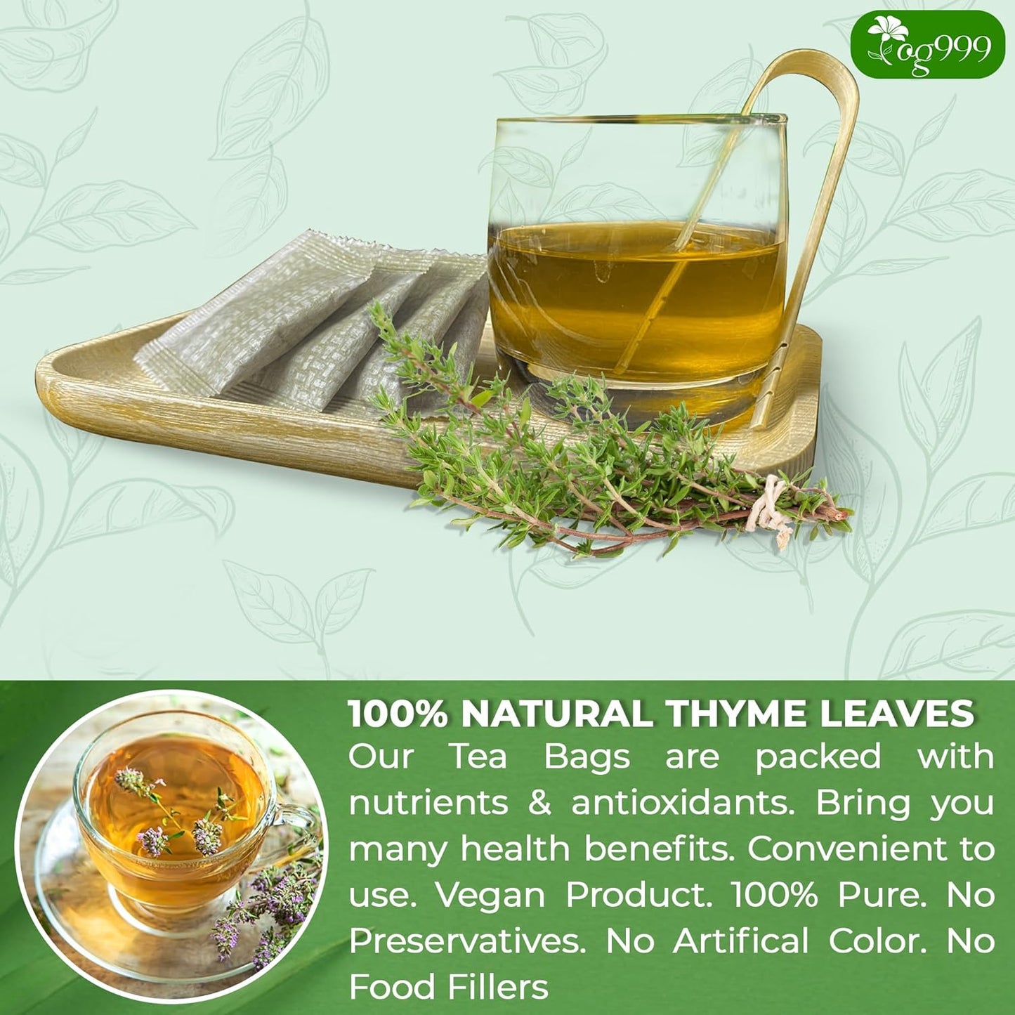 TOG999, Premium 120 Thyme Leaf Tea Bags, 100% Natural & Pure Thyme Leaves. Loose Leaf Thyme Herbal Tea. Thyme Leaf Tea. No Sugar, No Caffeine, No Gluten, Vegan.