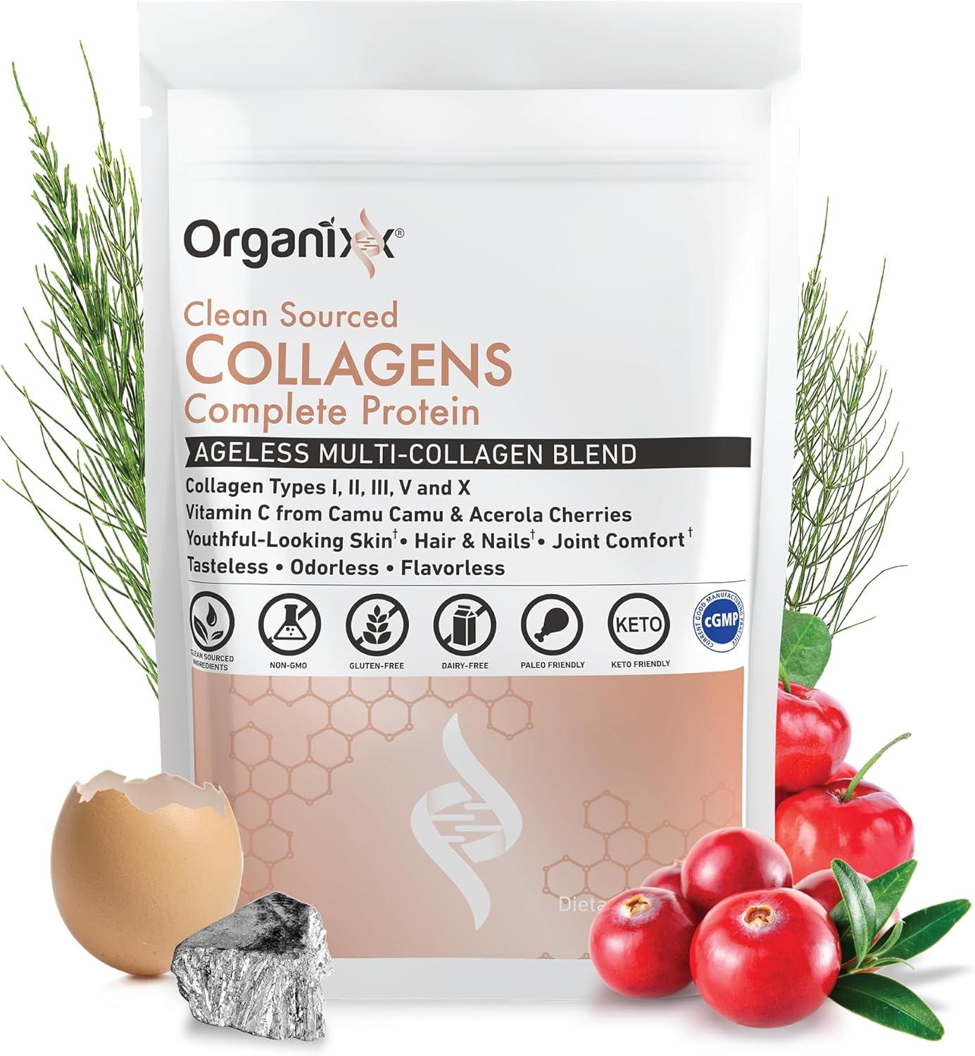 Organixx Collagen Peptides Powder with Vitamin C, Types I, II, III, V, X Hydrolyzed Collagen, Hair, Nail, Skin, Bone & Joint Health, Aging Support, Clean Sourced, Gluten Free, Unflavored, 30 Servings