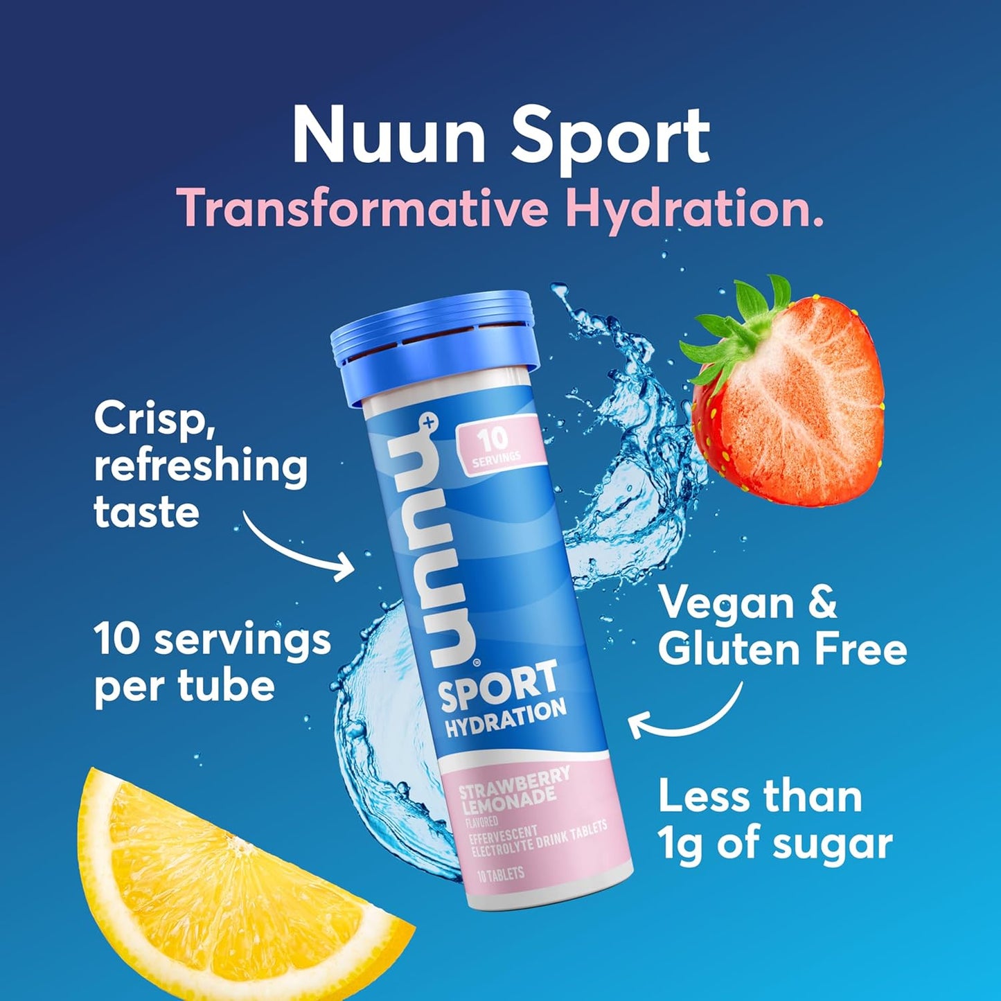 Nuun Sport Electrolyte Tablets with Magnesium, Calcium, Potassium, Chloride & Sodium, Gluten Free & Vegan, Strawberry Lemonade, 8 Pack (80 Servings Total)