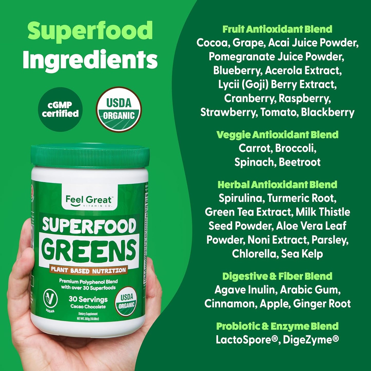 Feel Great Organic Superfood Greens Powder - Cocoa Chocolate | Fruit & Vegetable Supplement | Over 20 Greens, Fruits & Veggies, Fiber, Probiotics & Digestive Enzymes | 30 Servings