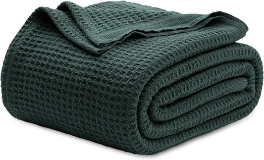 Bedsure 100% Cotton Blanket King Size for Bed - Breathable and Soft, Waffle Weave Blanket for Summer, Thick Cozy Fall Blankets for Women Gift, Dark Green, 104x90 inches