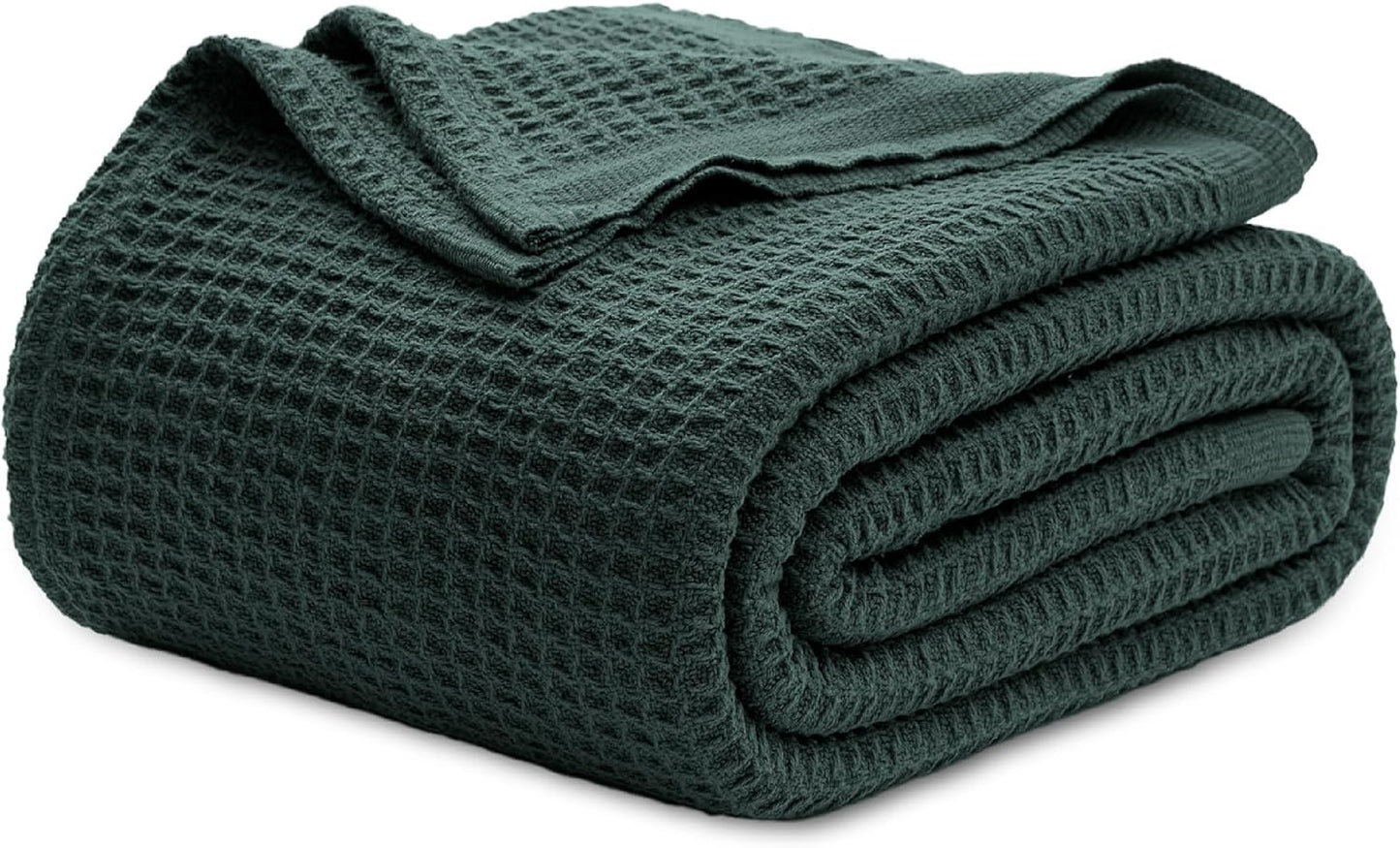 Bedsure 100% Cotton Blanket Queen Size for Bed - Breathable and Soft, Waffle Weave Blanket for Summer, Thick Cozy Fall Blankets for Women Gift, Dark Green, 90x90 Inches