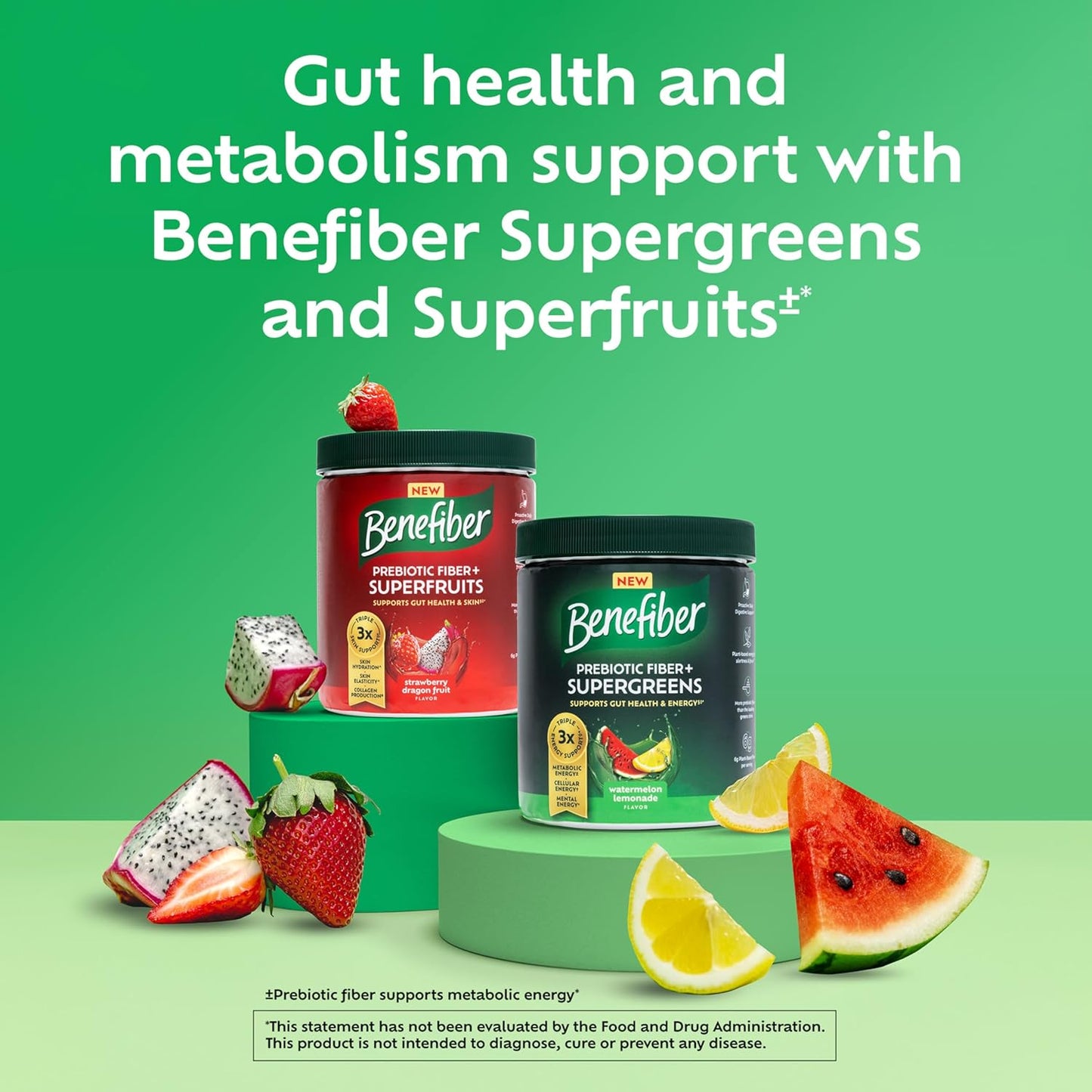 Benefiber Prebiotic Fiber + Supergreens Dietary Supplement Powder, Watermelon Lemonade Flavor, 8.8 oz (250g), 25 Day Supply