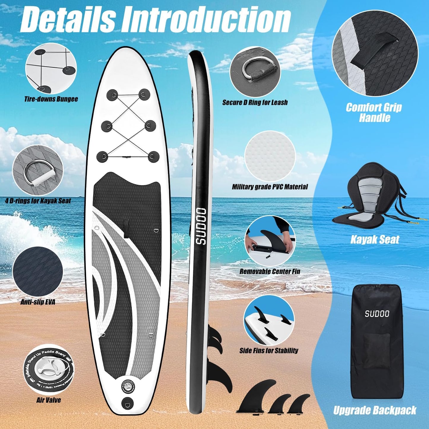 Inflatable Stand Up Paddle Board 10‘x30‘‘- Ultra-Light SUP with Backpack, Pump, Paddle, Coil Leash, 3 Fins, Repair Kit, Stable Design, Non-Slip EVA Deck for Adults & Youth