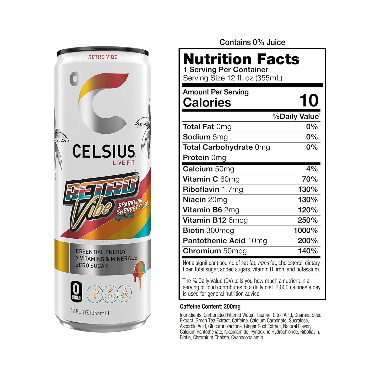 CELSIUS RETRO VIBE Sparkling Sherbet Slush, Sugar Free Energy Drink, 12 Fl Oz (Pack of 12)