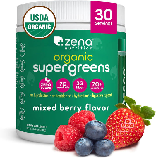 Zena Nutrition Organic Super Greens Powder, 70+ Superfoods, 0 Sugar, 3G Fiber, Spirulina, Chlorella, Antioxidants, Prebiotics/Probiotics, Digestive Enzymes, Mixed Berry, 30 Servings