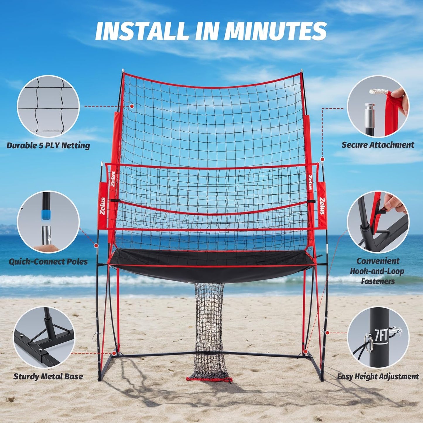 ZELUS Volleyball Training Equipment, 11x8 ft Volleyball Practice Net Station with Adjustable Height & Ball Return
