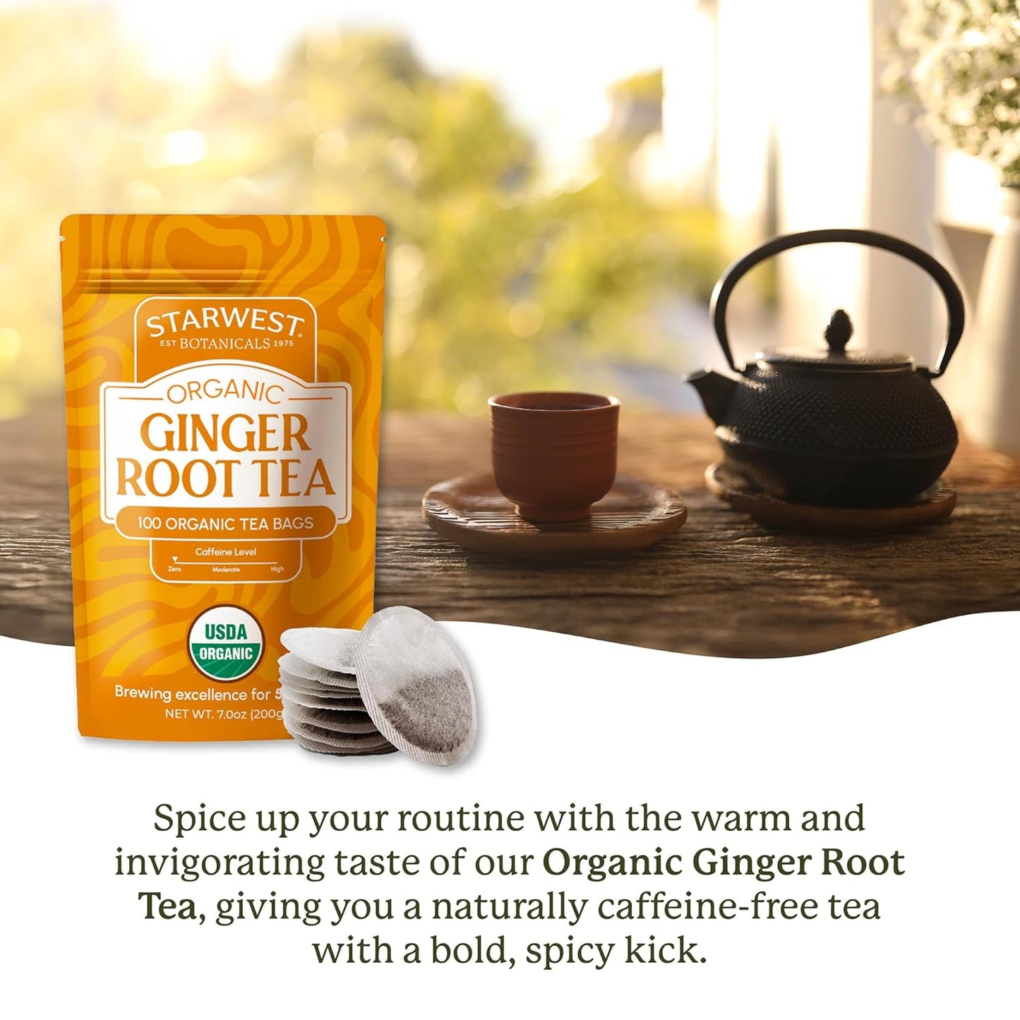 Starwest Botanicals Organic Ginger Root Tea - Caffeine Free Herbal Tea, Supports Digestion, String Free Sachets, USDA Organic Ginger Root, Non GMO - Bulk Pack, 100 Tea Bags