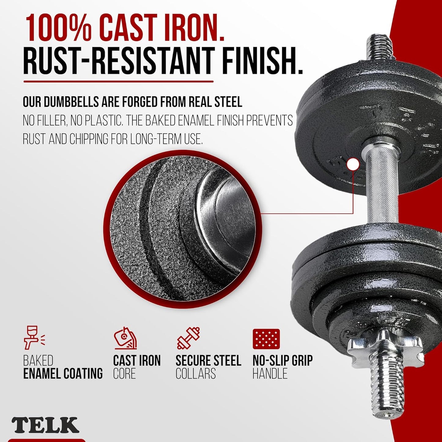 TELK – Adjustable Dumbbell Set – Home Gym Weight Set with Baked Enamel Cast Iron Plates – Space-Saving Free Weights for Strength Training