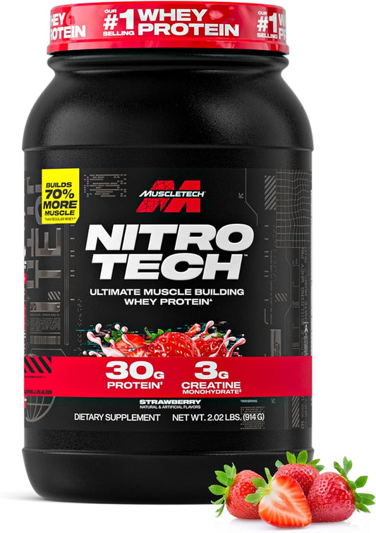 Whey Protein Powder MuscleTech Nitro-Tech Whey Protein Isolate & Peptides Lean Protein Powder for Muscle Gain Muscle Builder for Men and Women Sports Nutrition Strawberry, 2.2 lb (22 Servings)