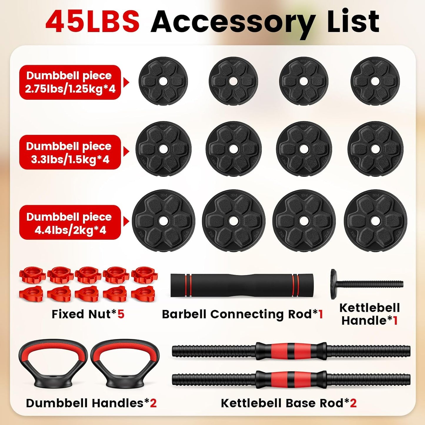 Adjustable Dumbbell Set, 20/33/45/70/90lbs Free Weight Set with Connector, 4 in1 Dumbbells Set Used as Barbell, Kettlebells, Push up Stand, Weight Set for Home Gym Suitable Men/Women