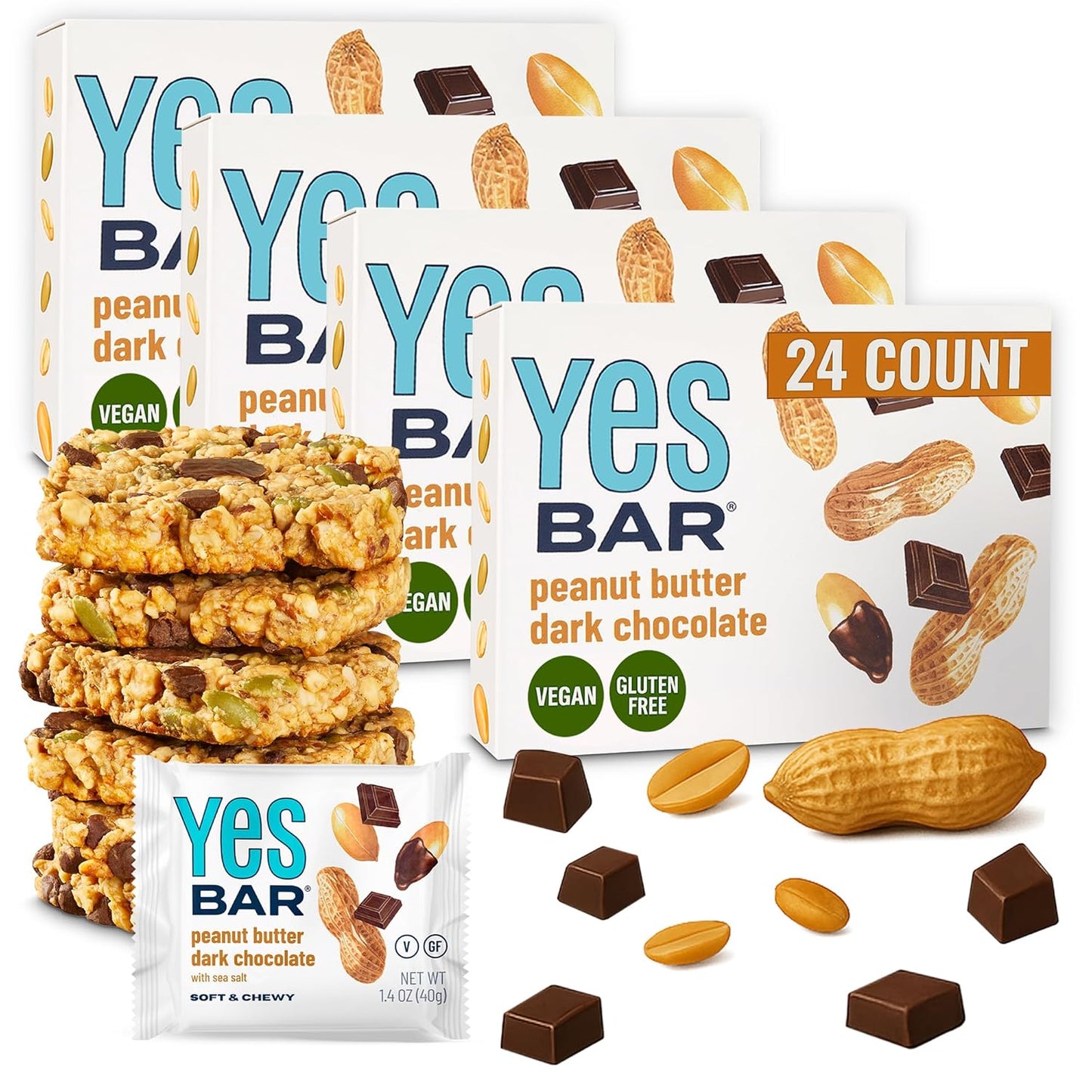 The YES Bar – Peanut Butter Dark Chocolate – Plant Based Protein, Decadent Snack Bar – Vegan, Paleo, Gluten Free, Dairy Free, Low Sugar, Healthy Snack, Breakfast, Low Carb, Keto Friendly (24 Count)